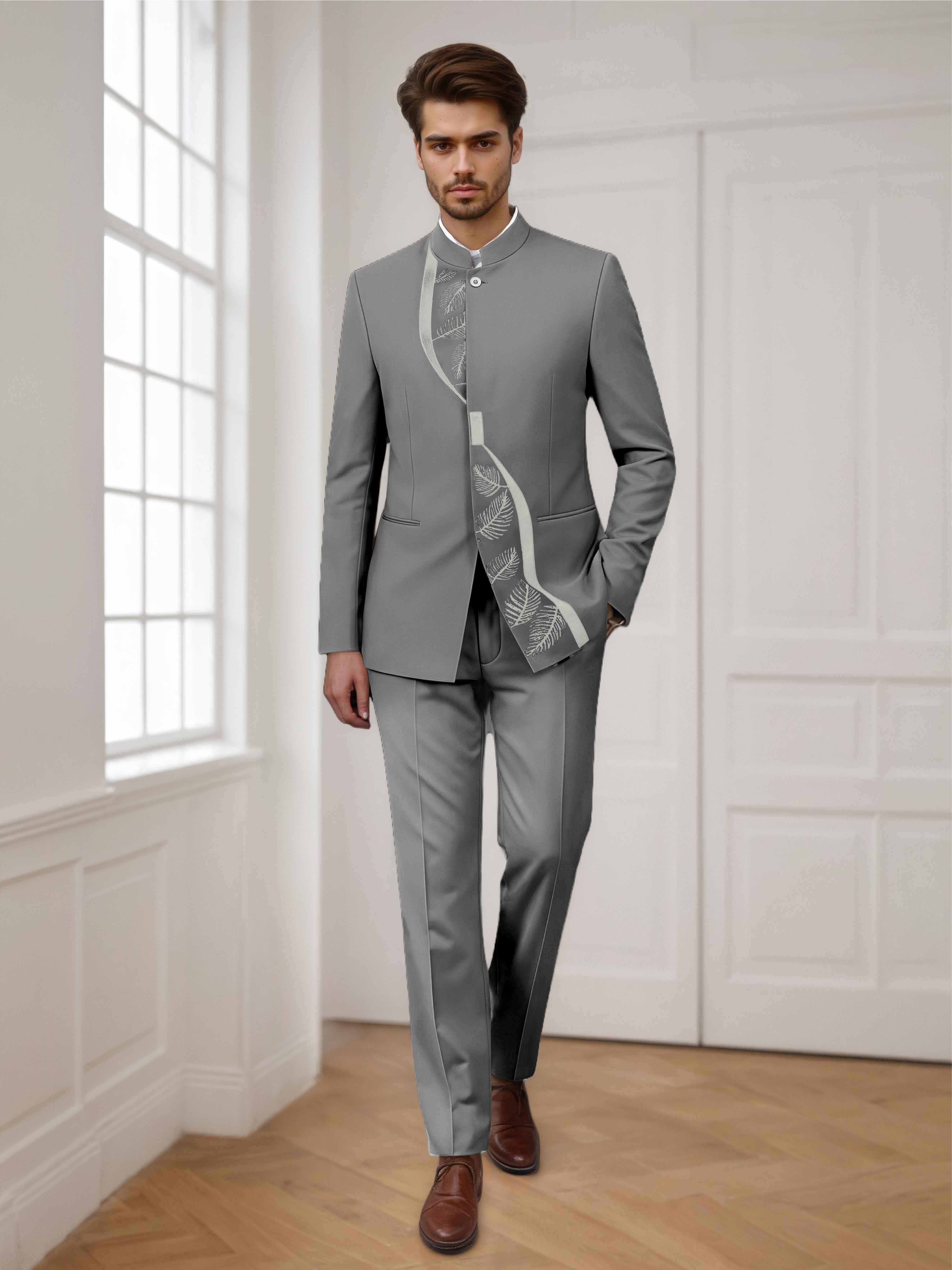 Trendy 2 Pieces Men's Embroidered  Stand Lapel Formal Suit