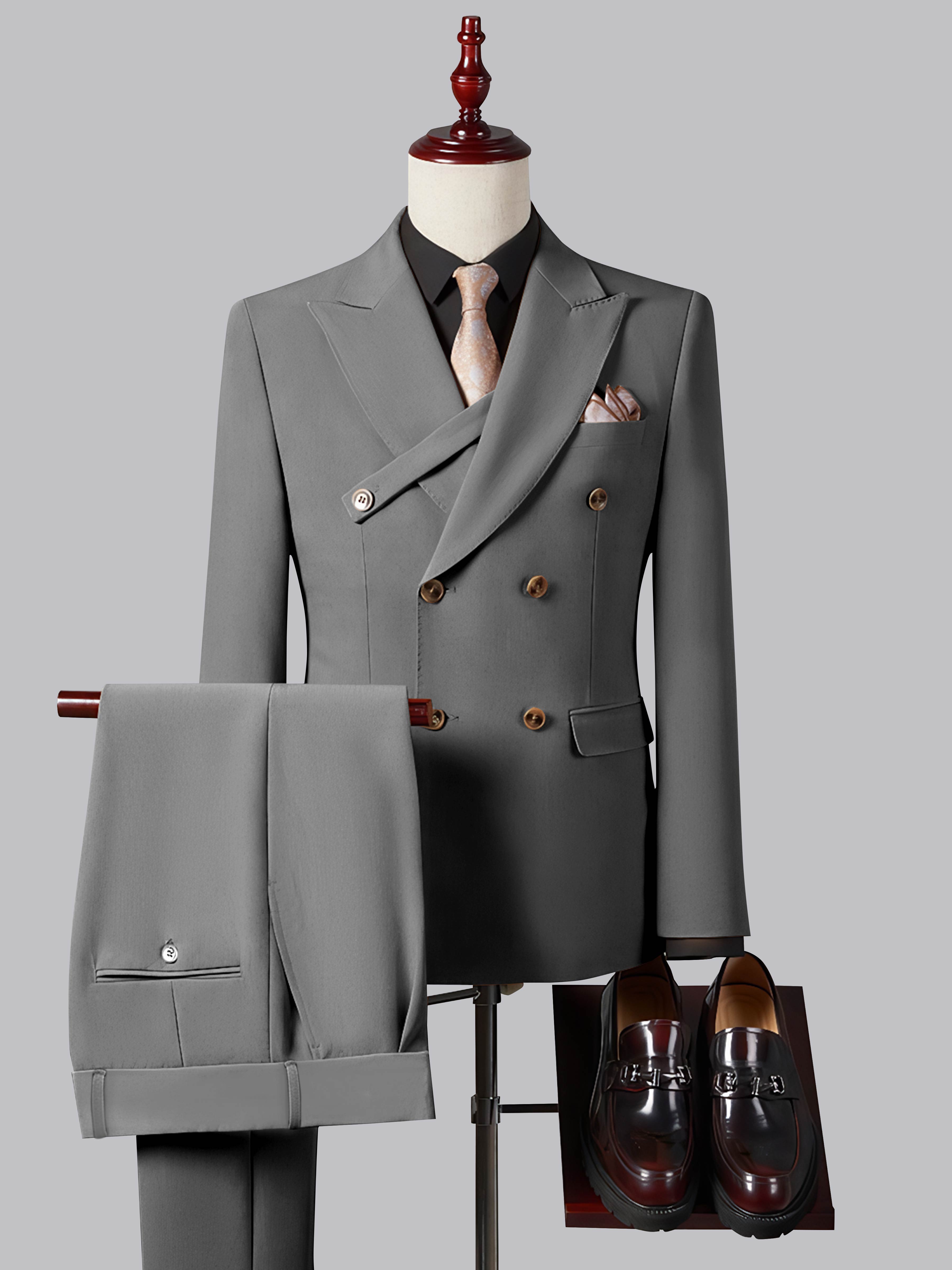 Formal Slim Fit Double Breasted Men's 2 Pieces Peak Lapel Strap Suit