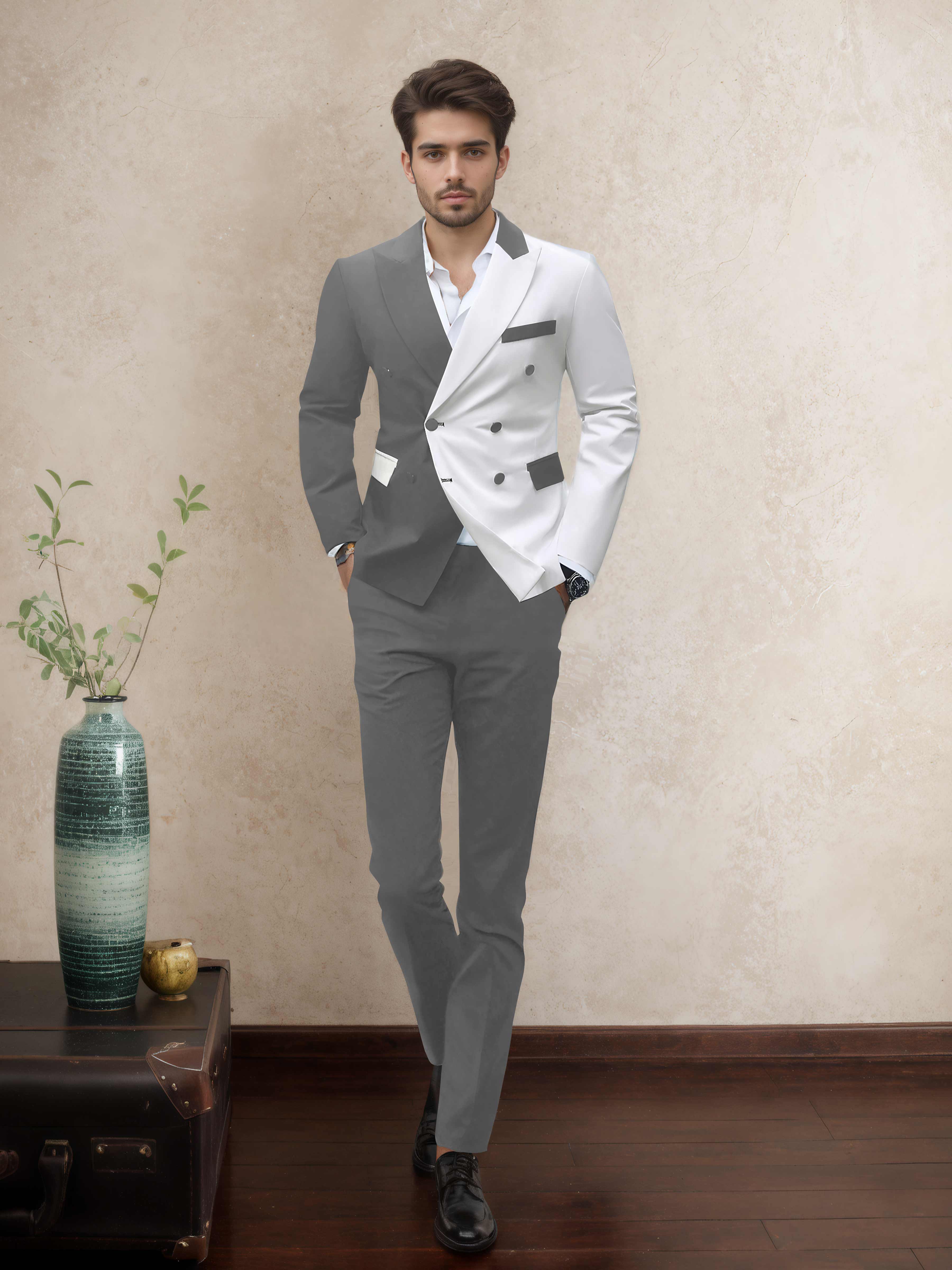 Refined 2 Pieces Men’s Evening Suit Tailored Fit Double Breasted Peak Lapel Contrast