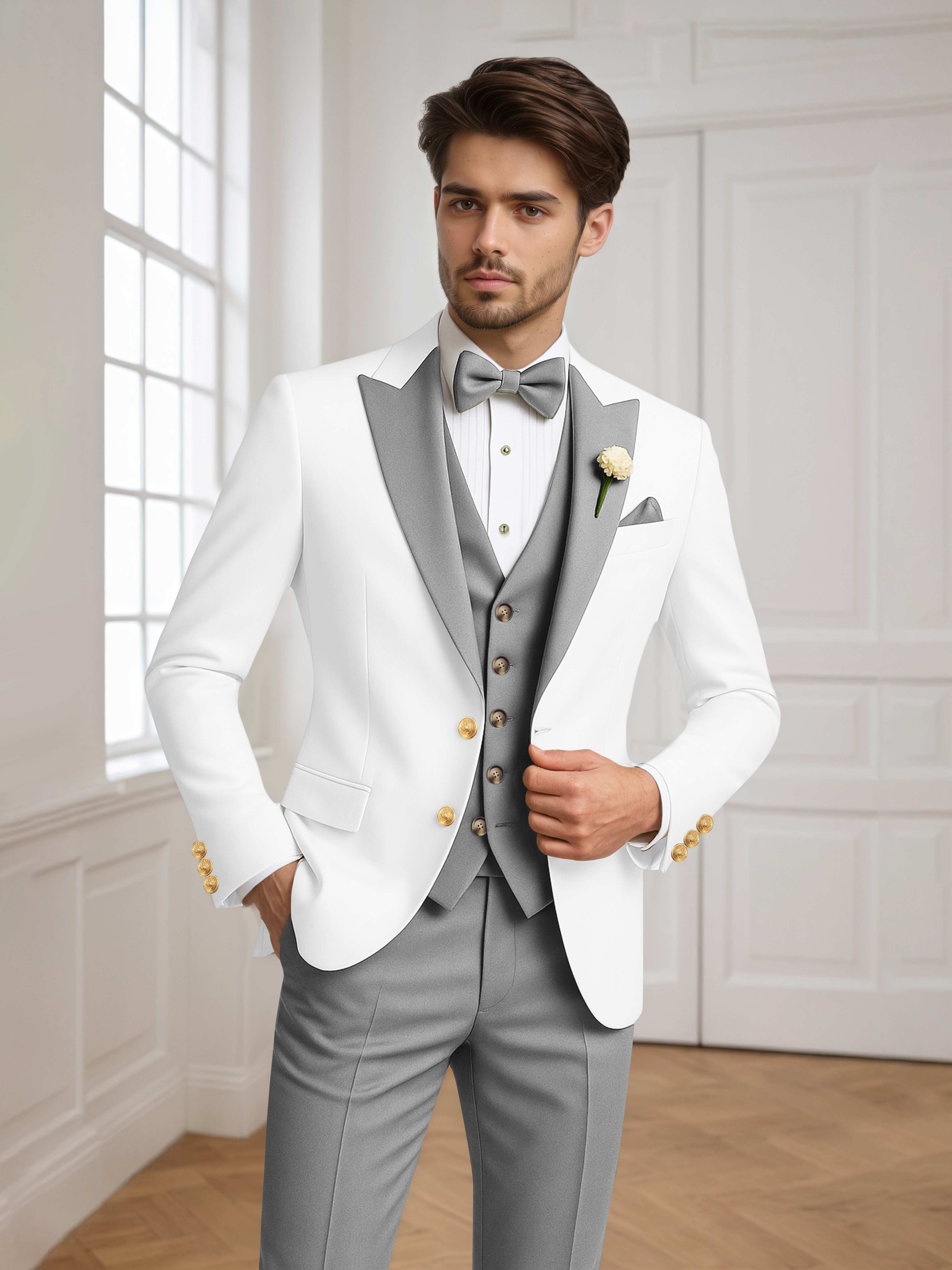 Color Block Peak Lapel Men's 3 Pieces Suit for Groom Wedding & Prom
