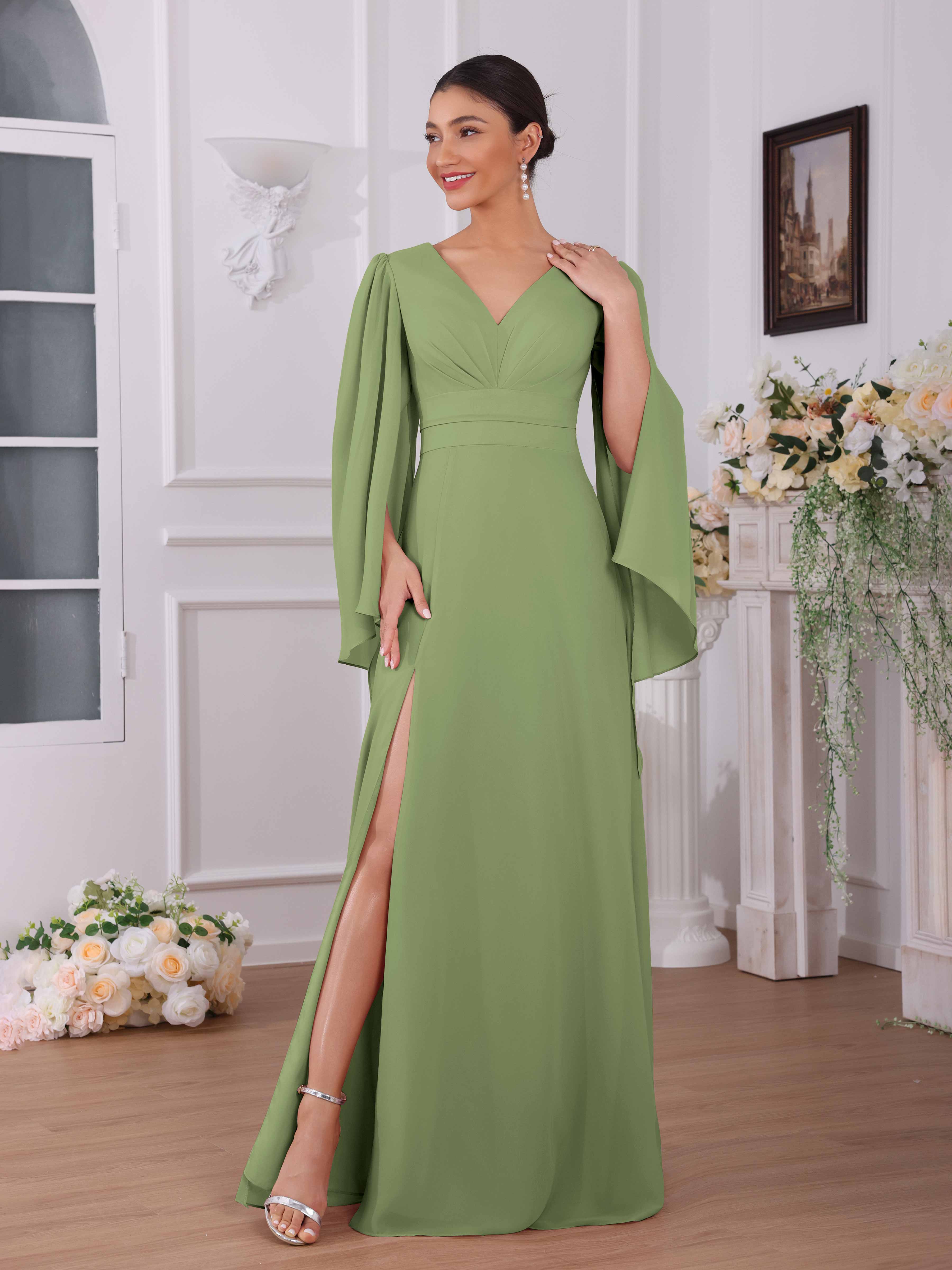 25-26モデルGREEN CLOTHING OVER MITT Helylith Modest V Neck Slit Floor Length Chiffon Bridesmaid Dresses