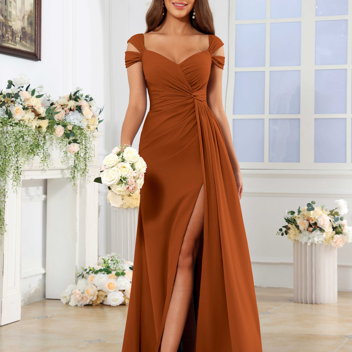 Helythra Elegant Pleated Slit Floor Length Chiffon Bridesmaid Dresses, Rust