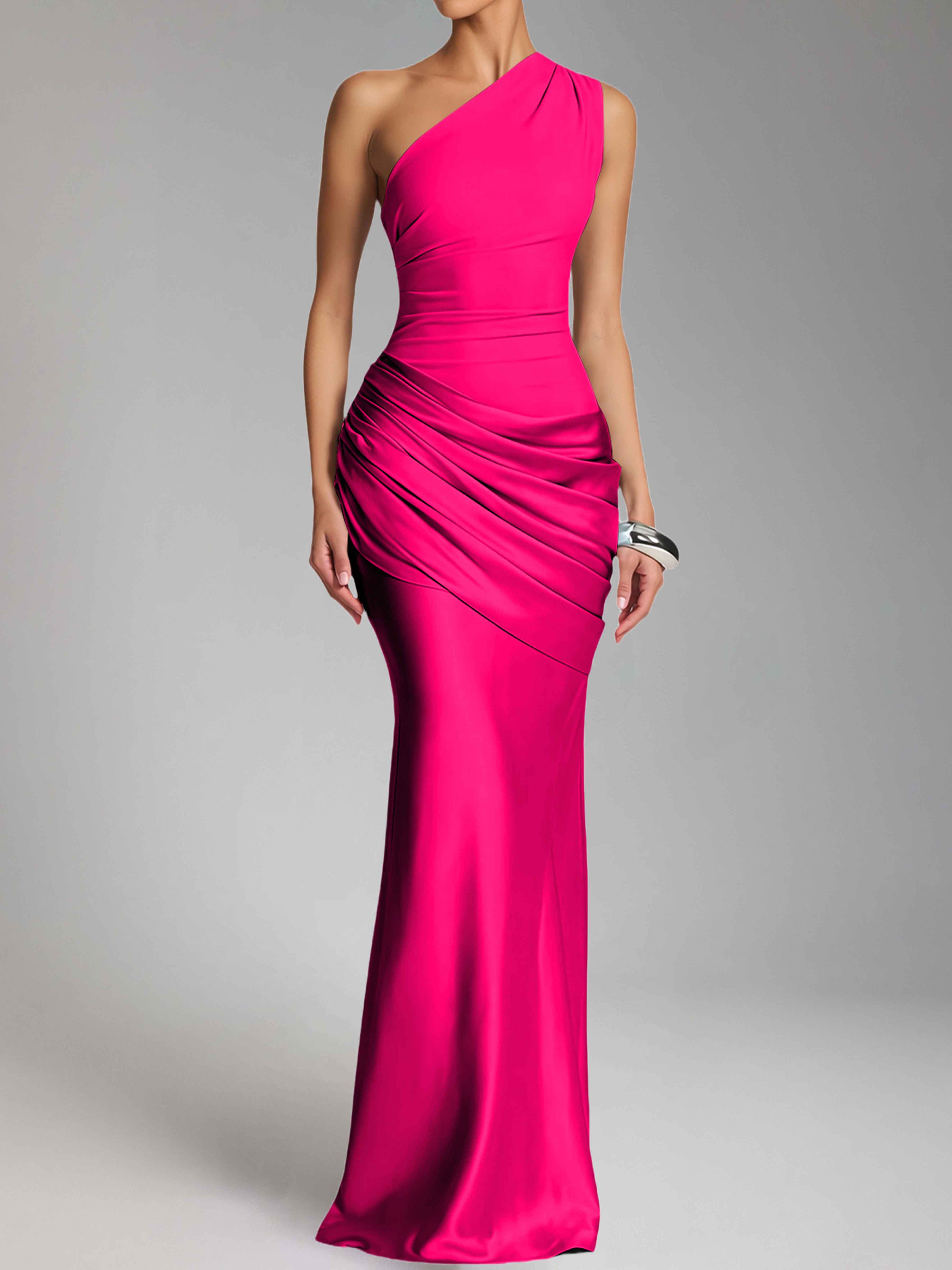 Jaelithra Gorgeous One Shoulder Pleated Satin Long Prom Dresses