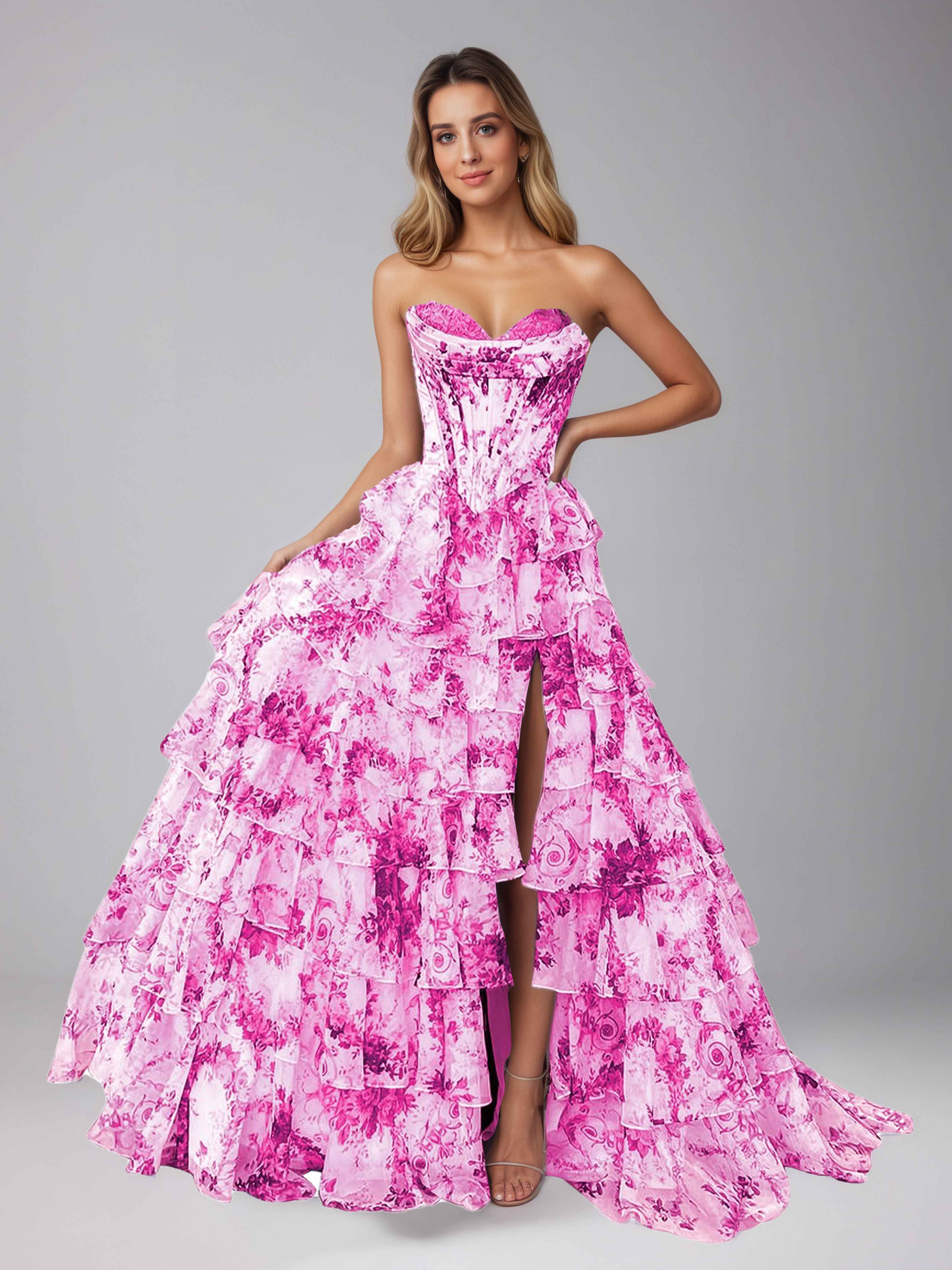 Graelara Glamorous Sweetheart Cascading Ruffles Corset Floral Tiered Prom Dresses