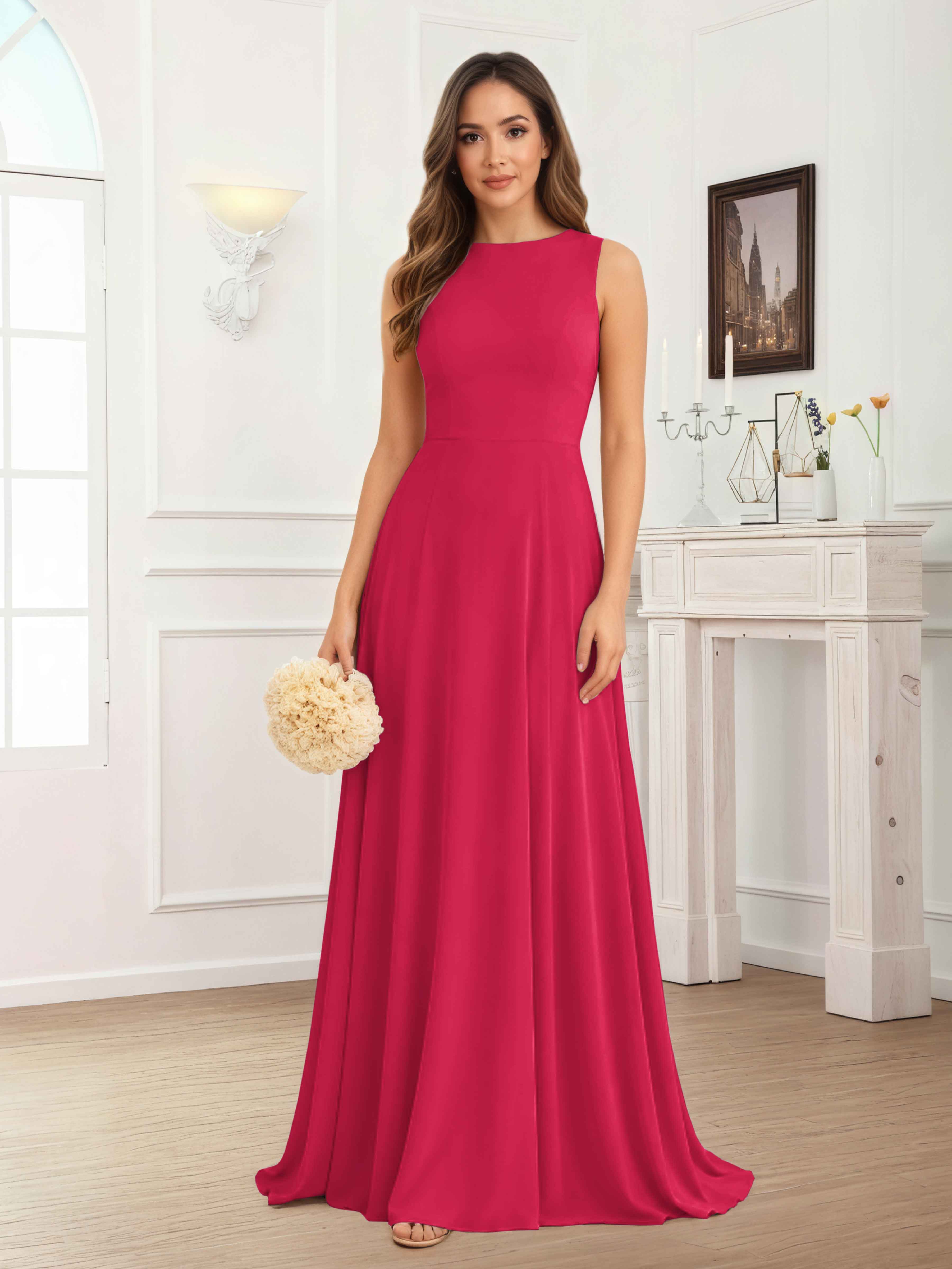 Fraelithra Modest Scoop A-Line Sleeveless Long Bridesmaid Dresses