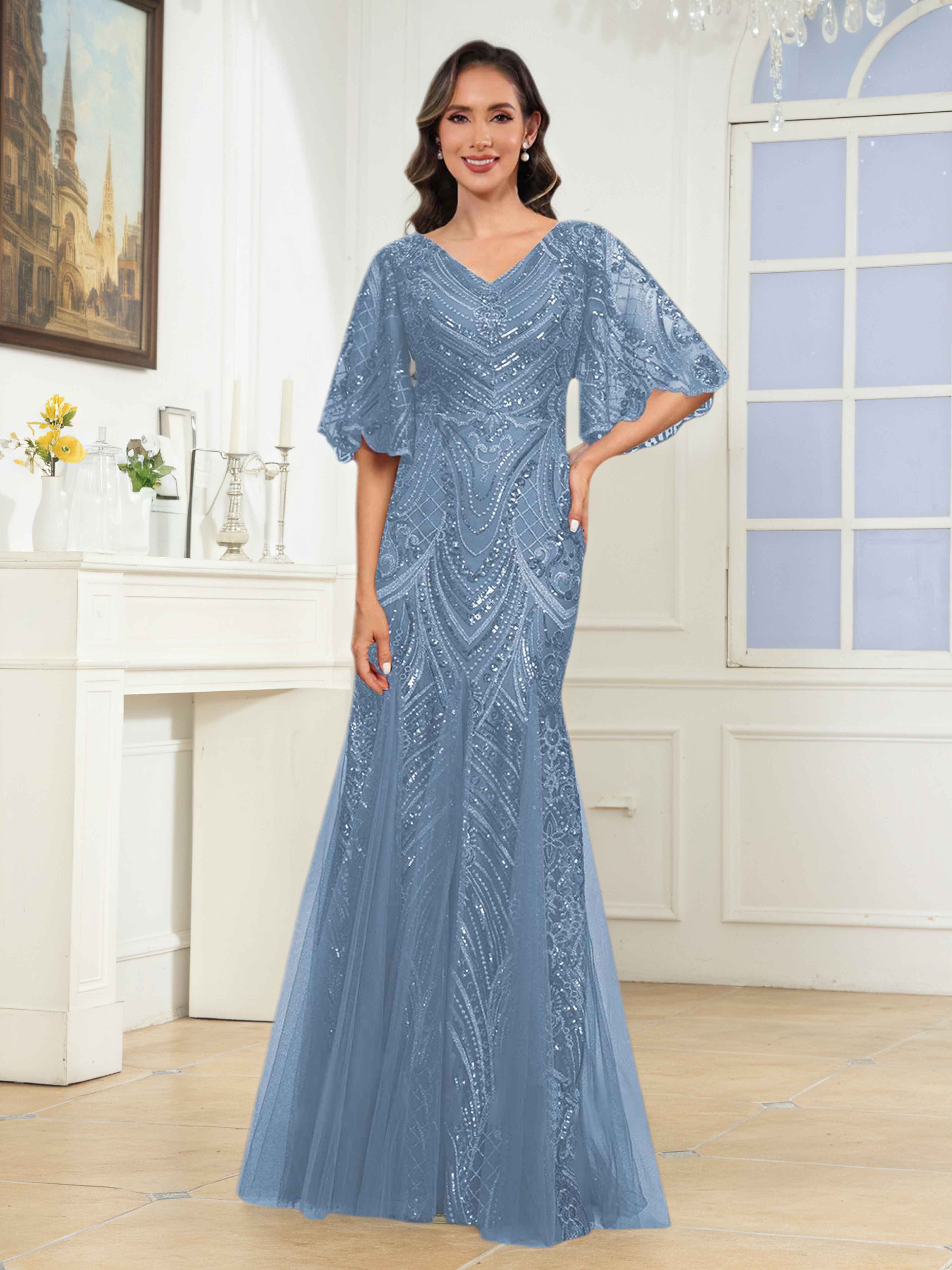 Ilaria Enchanting Trumpet V Neck Sequins Long Mother of the Bride Dresses