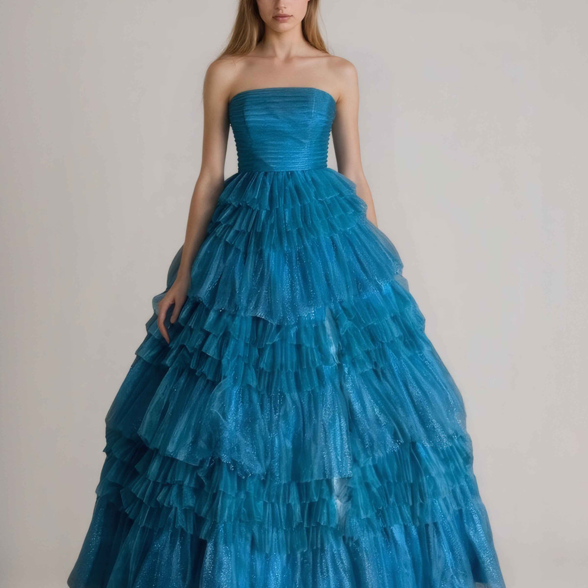 Indie Dreamy A-Line Strapless Ruffles Tulle Prom Dresses with Slit, Navy Blue