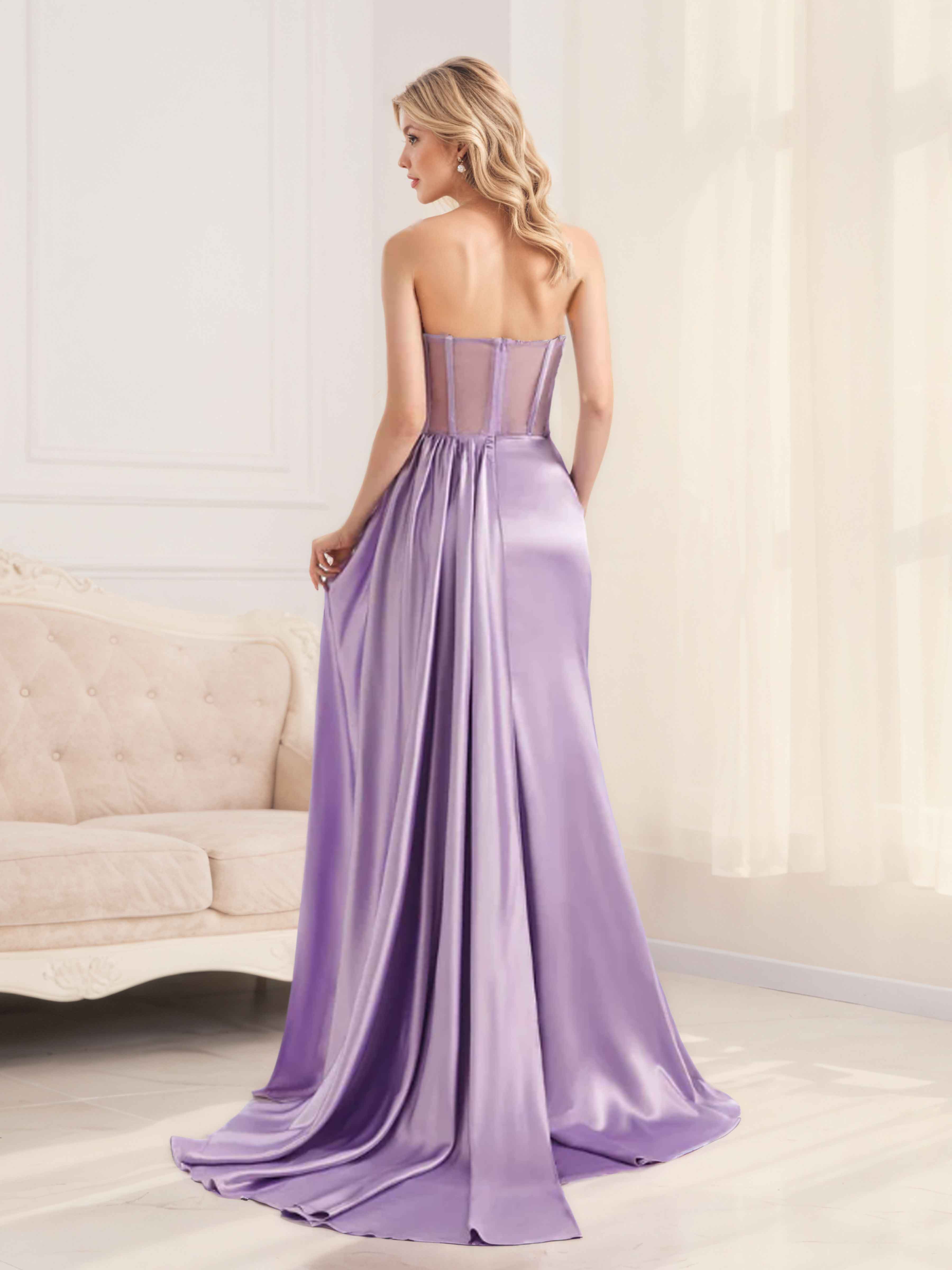 Ione Gorgeous Mermaid V Neck Ruched Slit Long Satin Bridesmaid Dresses