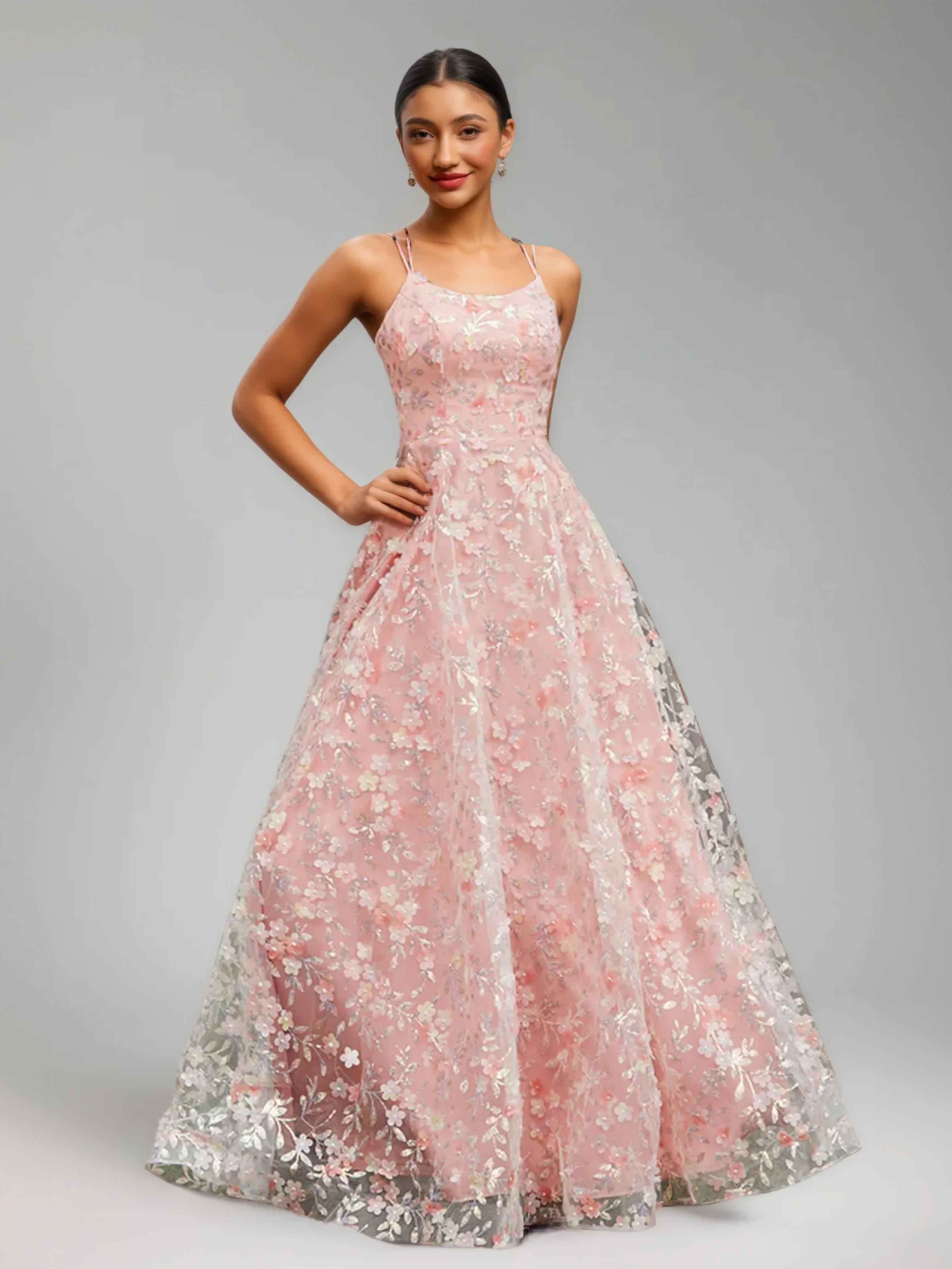 Iraelindra Delicate A-Line Spaghetti Straps Flowers Appliqued Prom Dresses