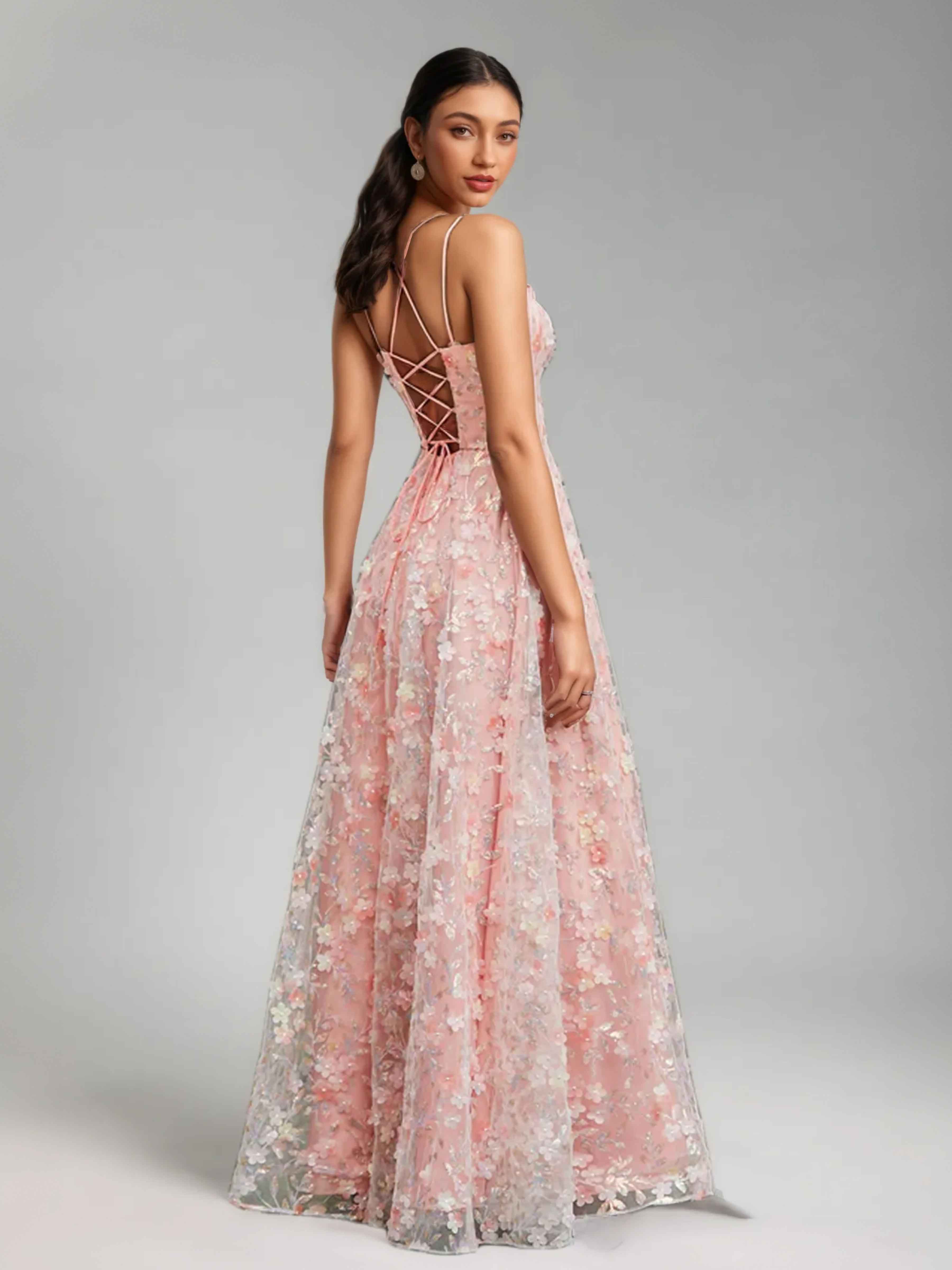 Iraelindra Delicate A-Line Spaghetti Straps Flowers Appliqued Prom Dresses