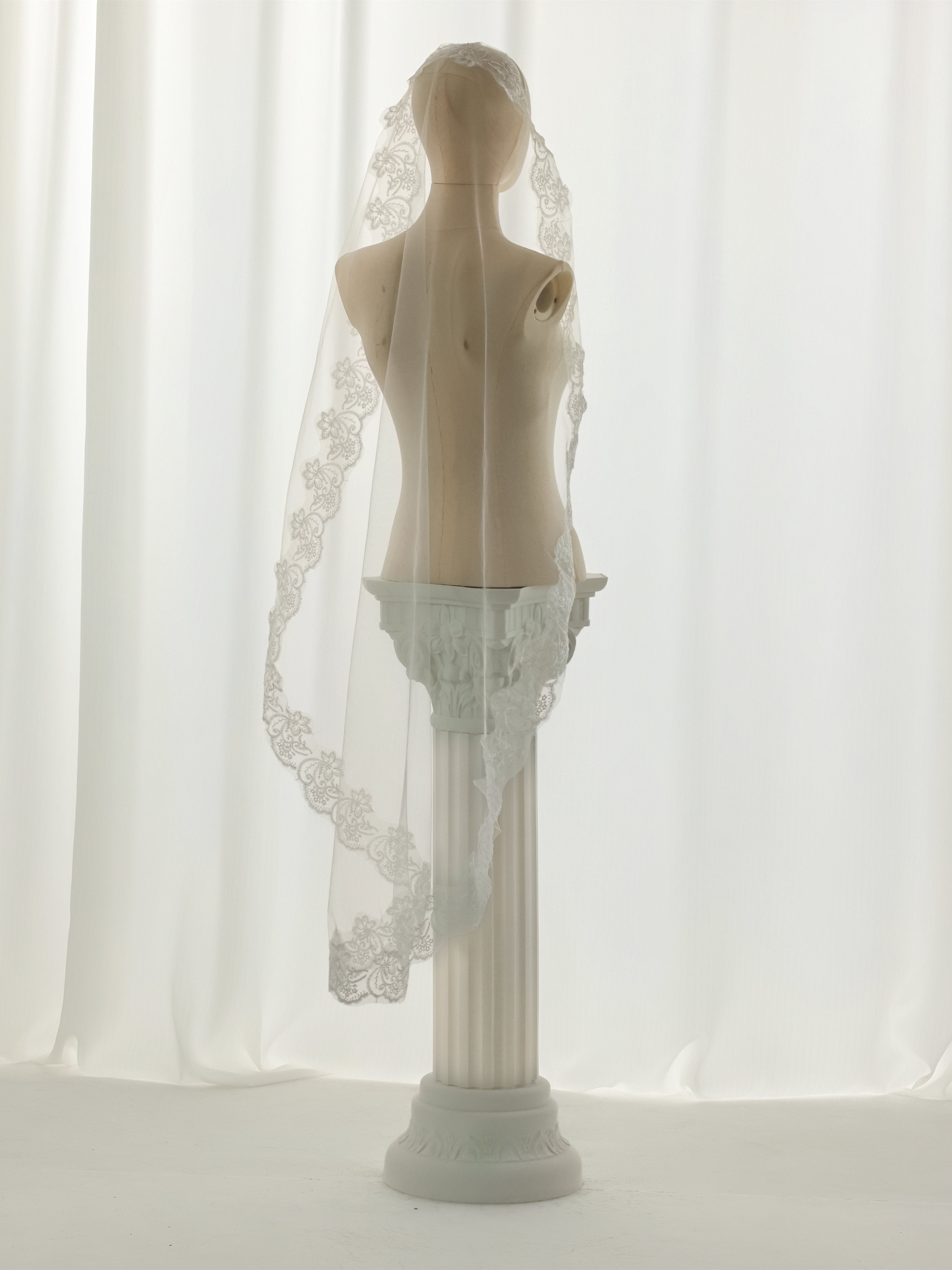 Ivory Mantilla Wedding Veil with Floral Lace Border