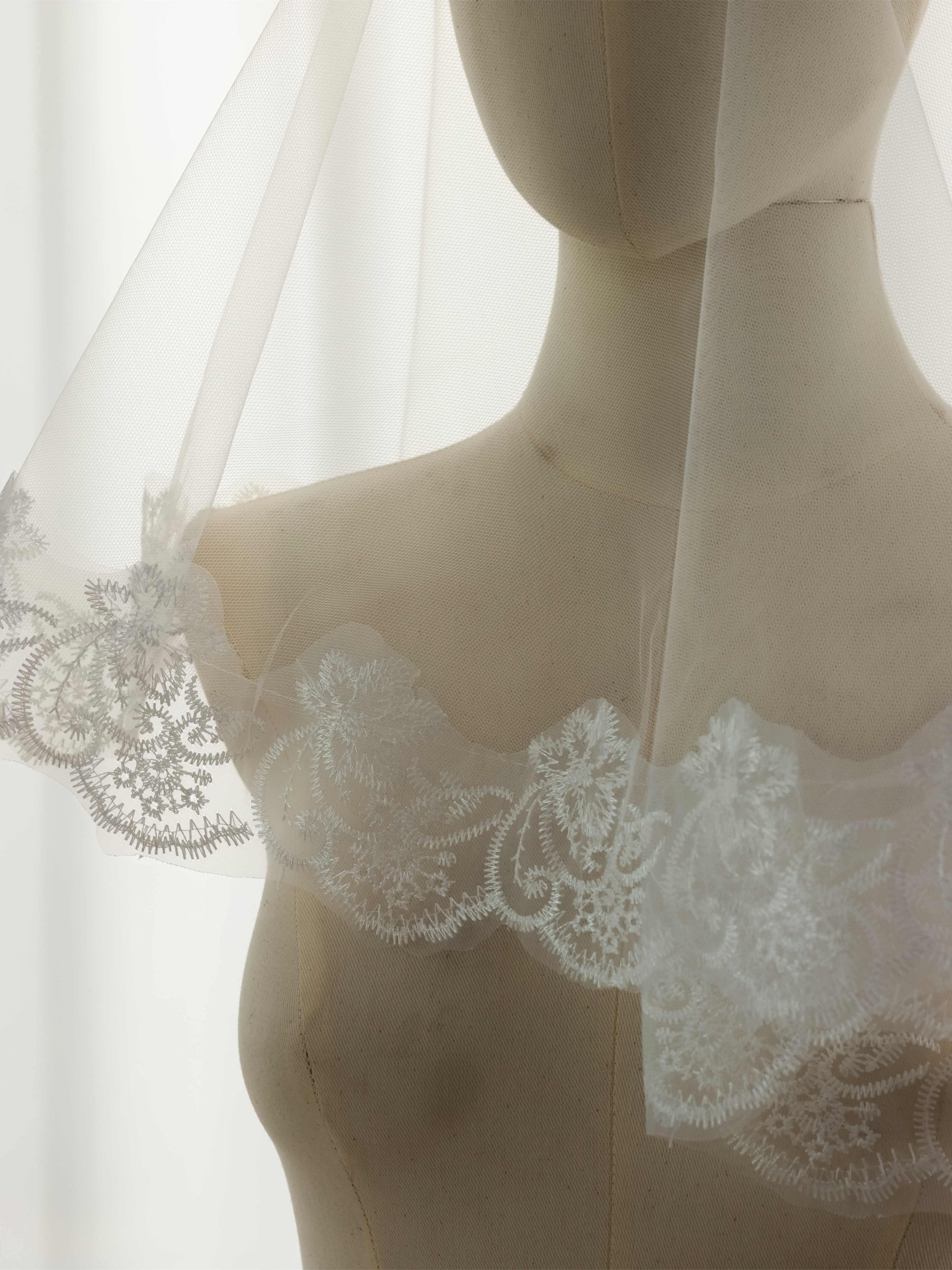 Ivory Mantilla Wedding Veil with Floral Lace Border