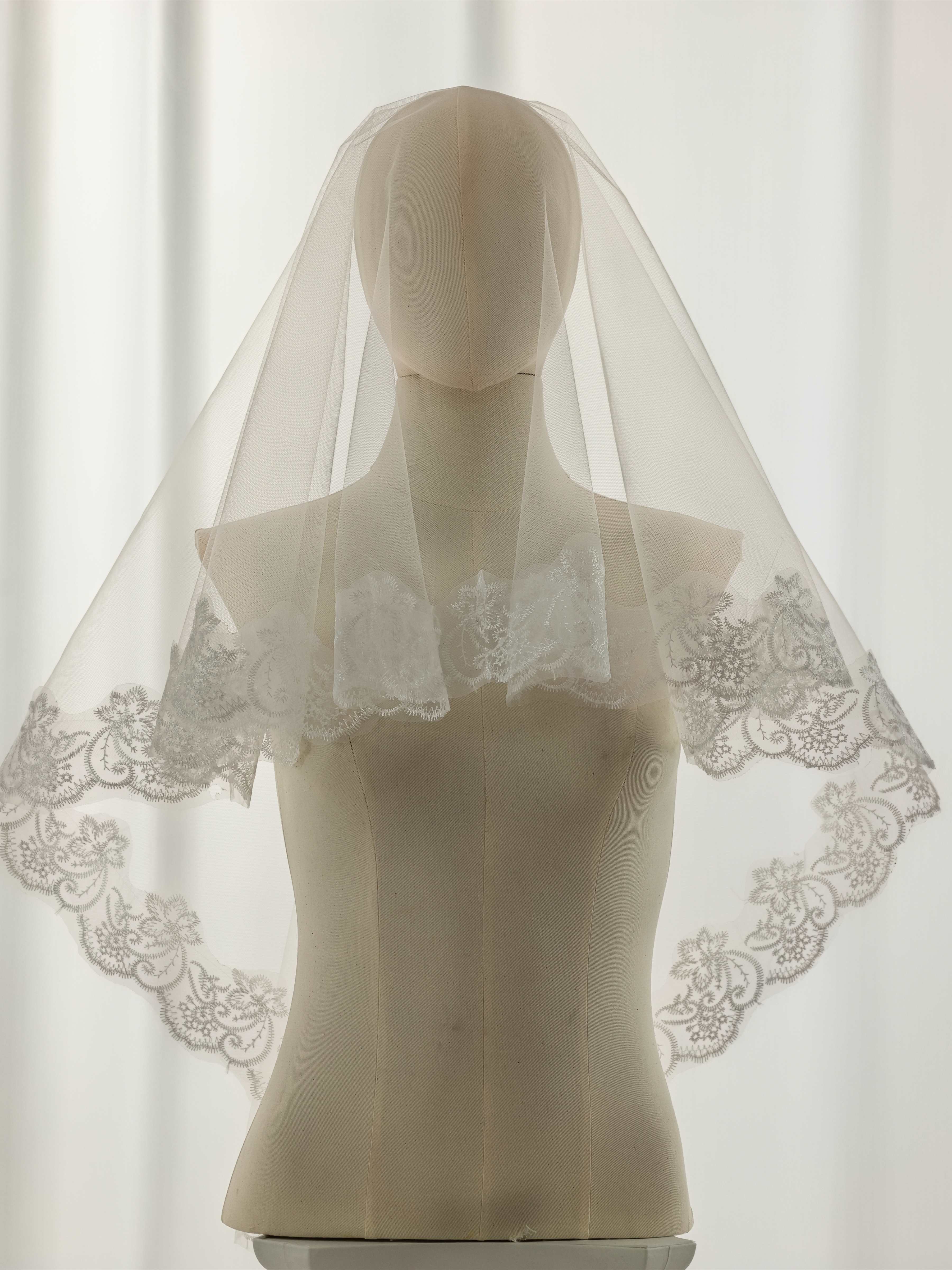 Ivory Mantilla Wedding Veil with Floral Lace Border