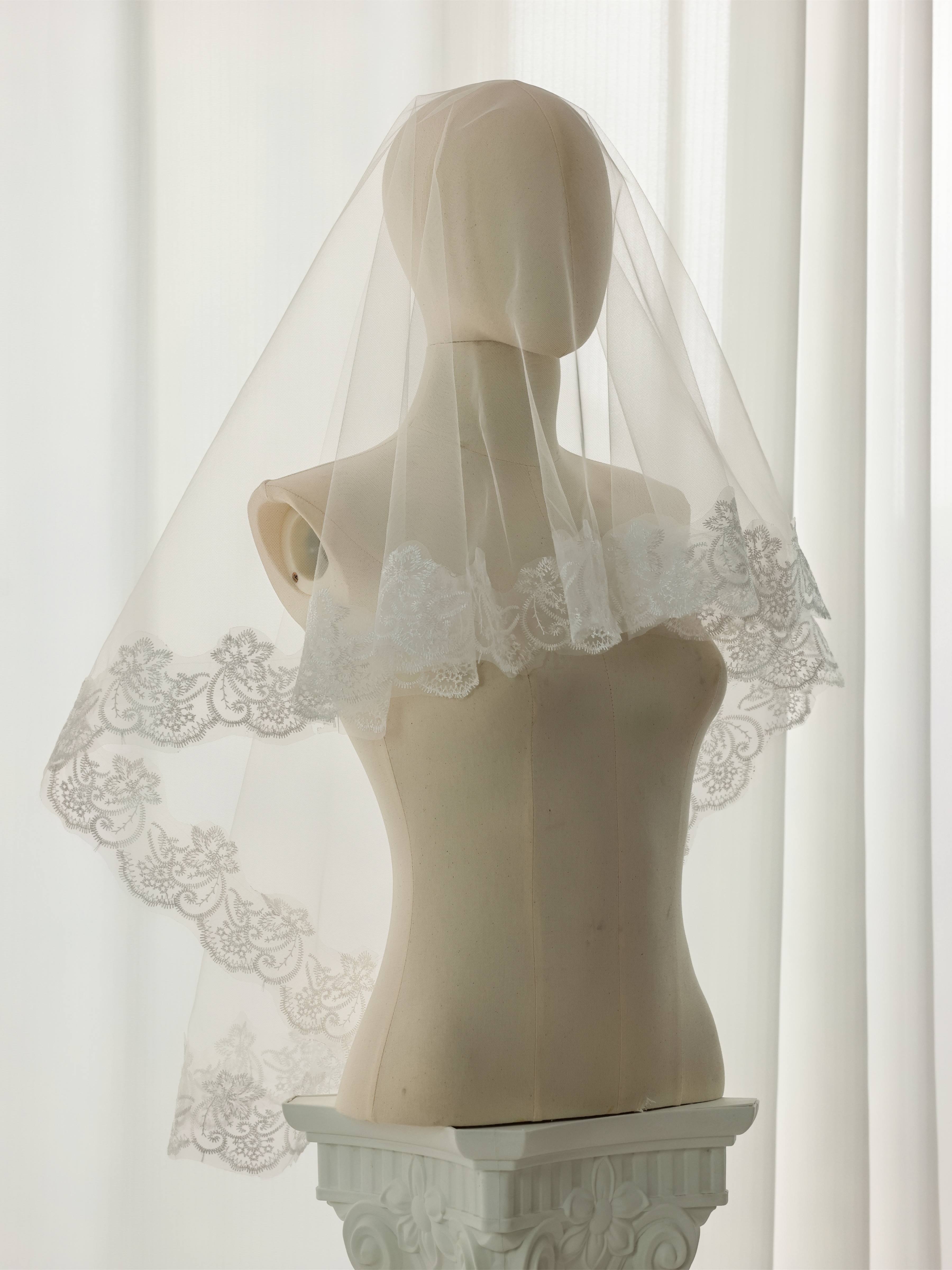 Ivory Mantilla Wedding Veil with Floral Lace Border