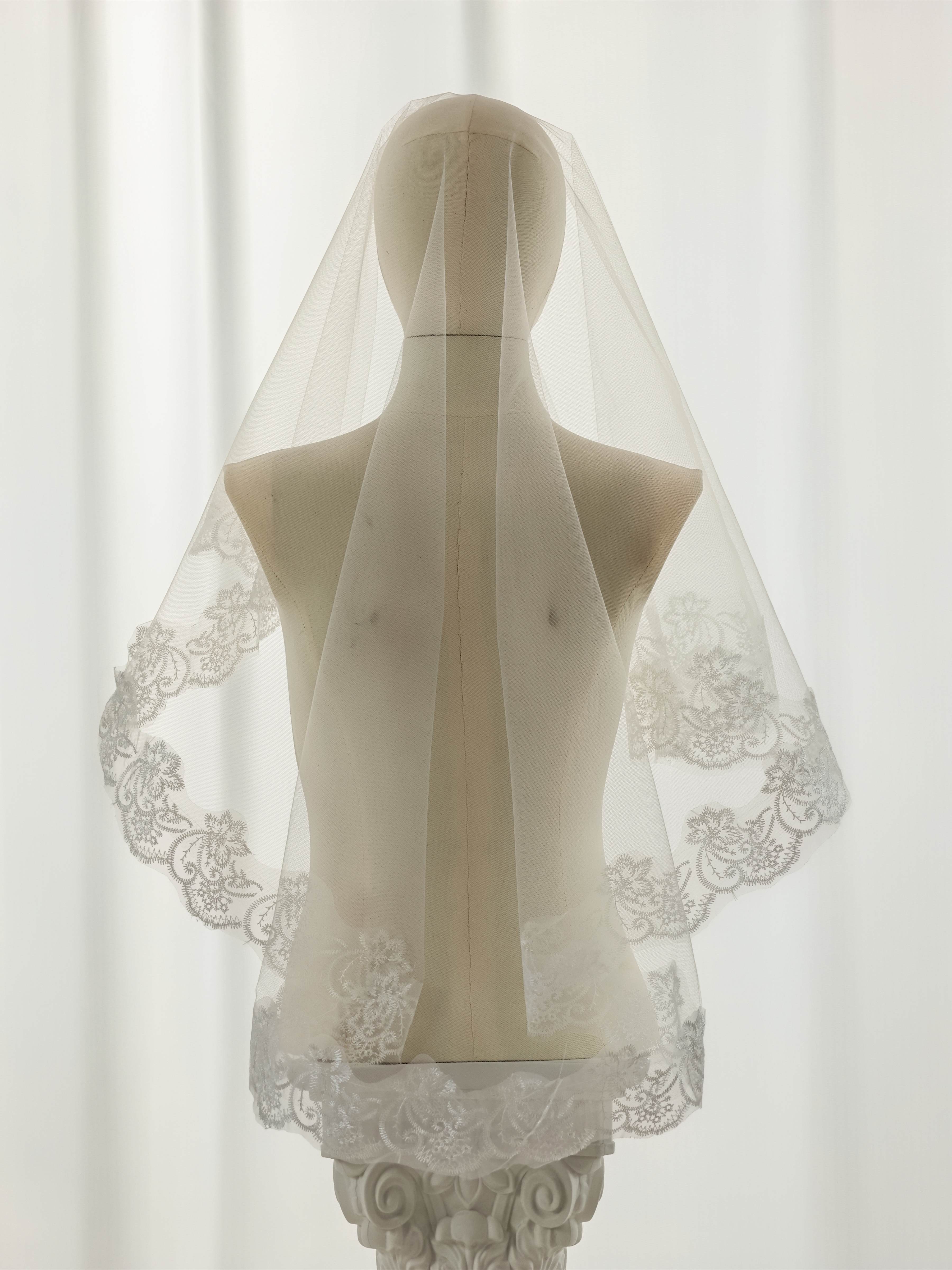 Ivory Mantilla Wedding Veil with Floral Lace Border