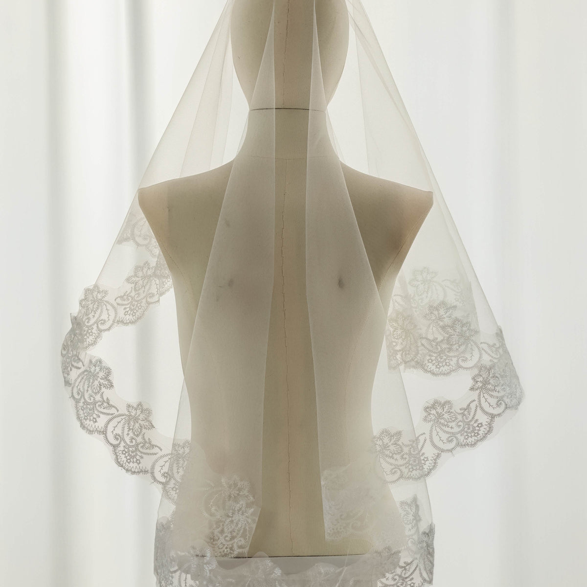 Ivory Mantilla Wedding Veil with Floral Lace Border