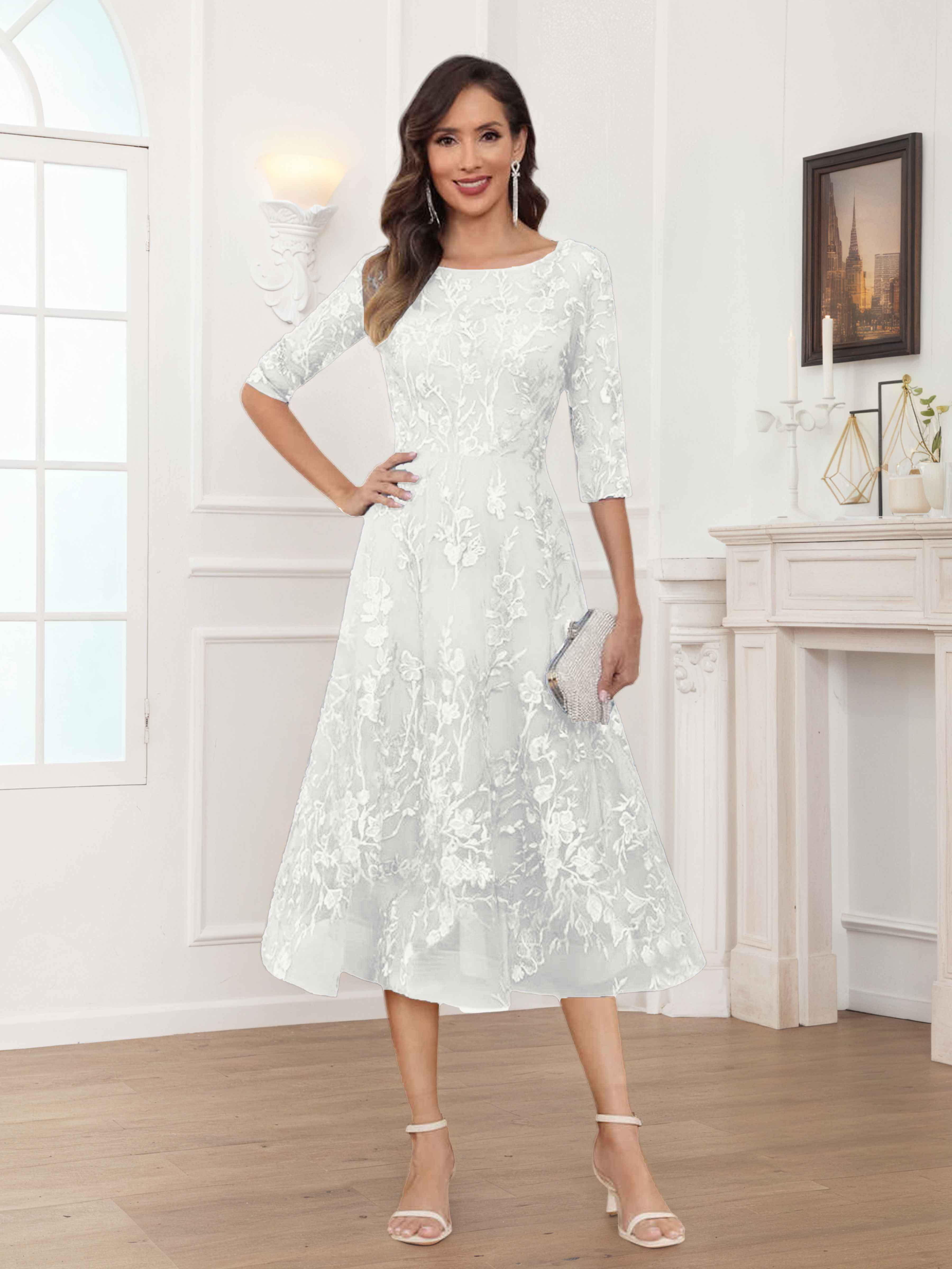 Pax Exquisite A-Line Illusion Lace Tea Length Mother of The Bride Dres