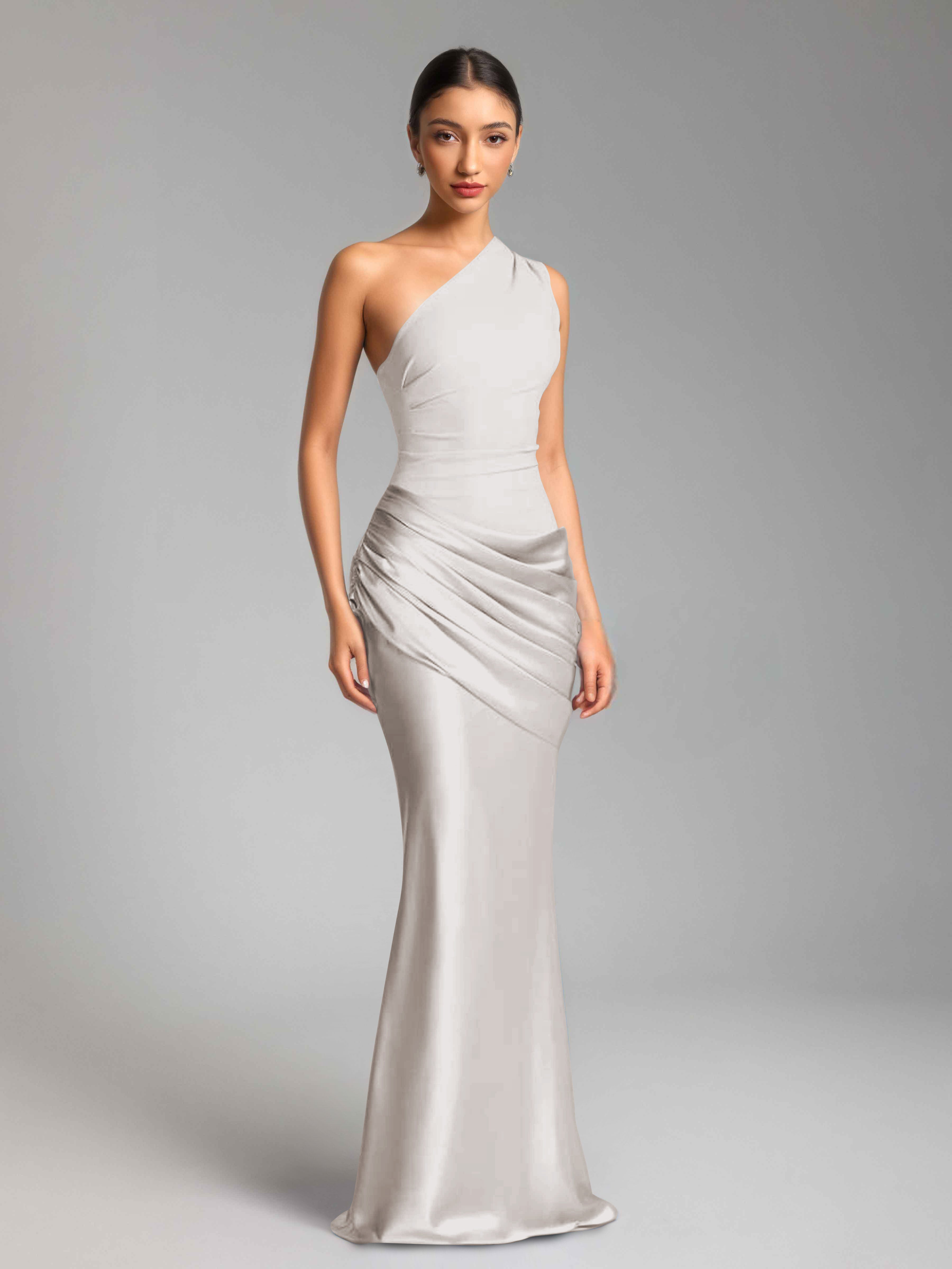 Jaelithra Gorgeous One Shoulder Pleated Satin Long Prom Dresses