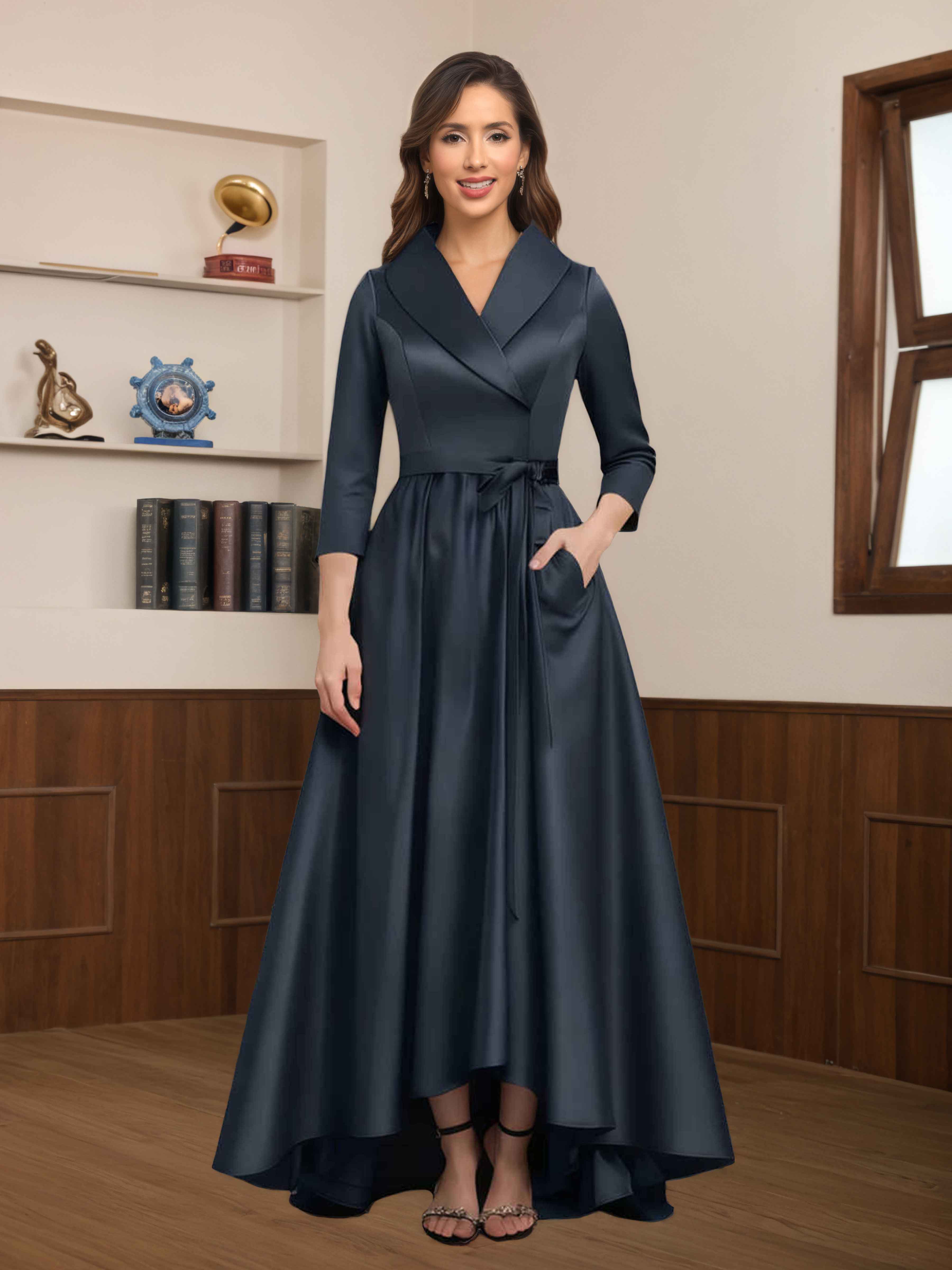 Jaela Graceful A-Line V Neck Asymmetrical Satin Mother of the Bride Formal Dresses
