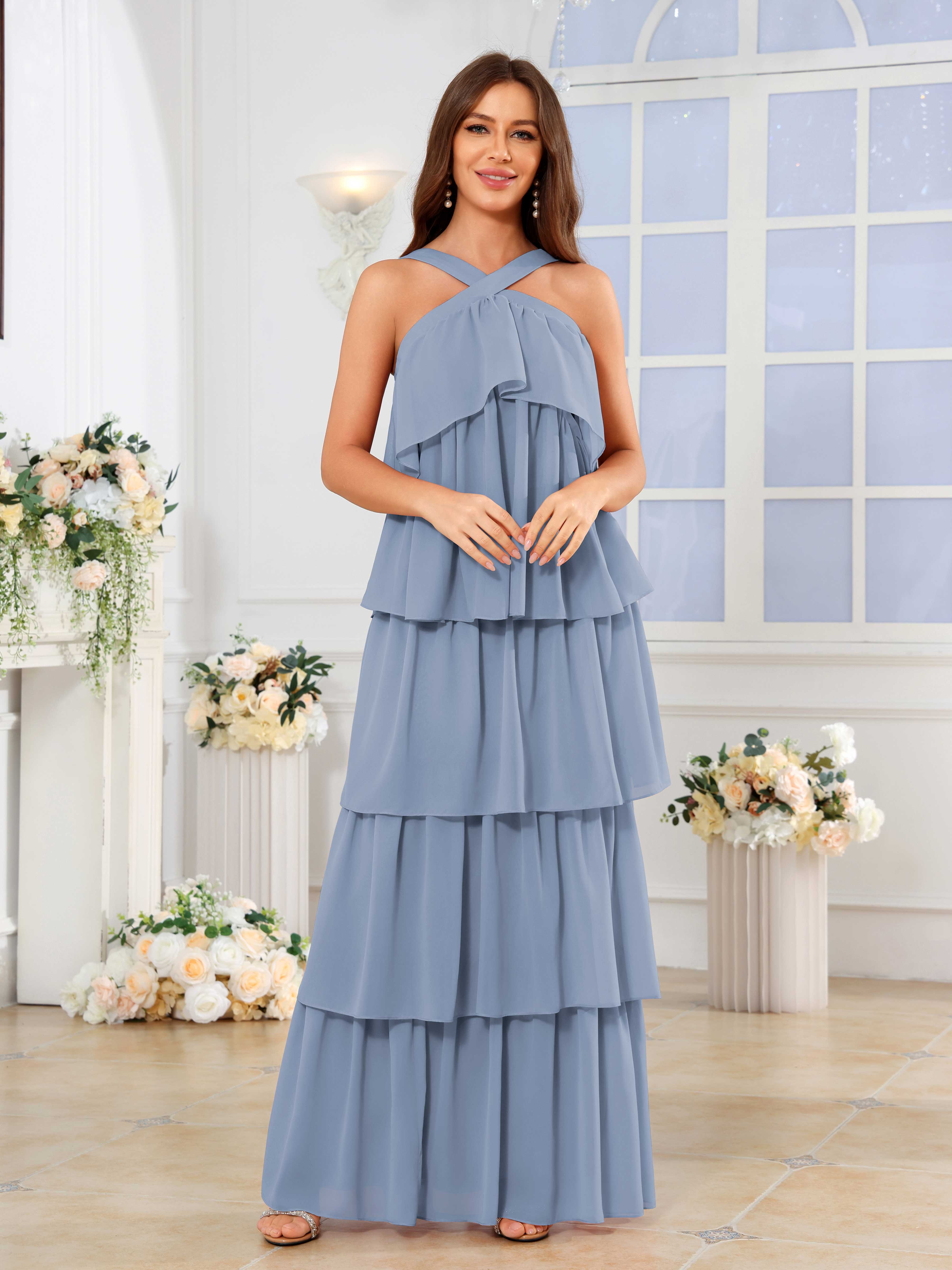 Jaelune Stylish A-Line Halter Tiered Long Chiffon Bridesmaid Dresses, Dusty Blue Jaelune Stylish A-Line Halter Tiered Long Chiffon Bridesmaid Dresses, Dusty Blue
