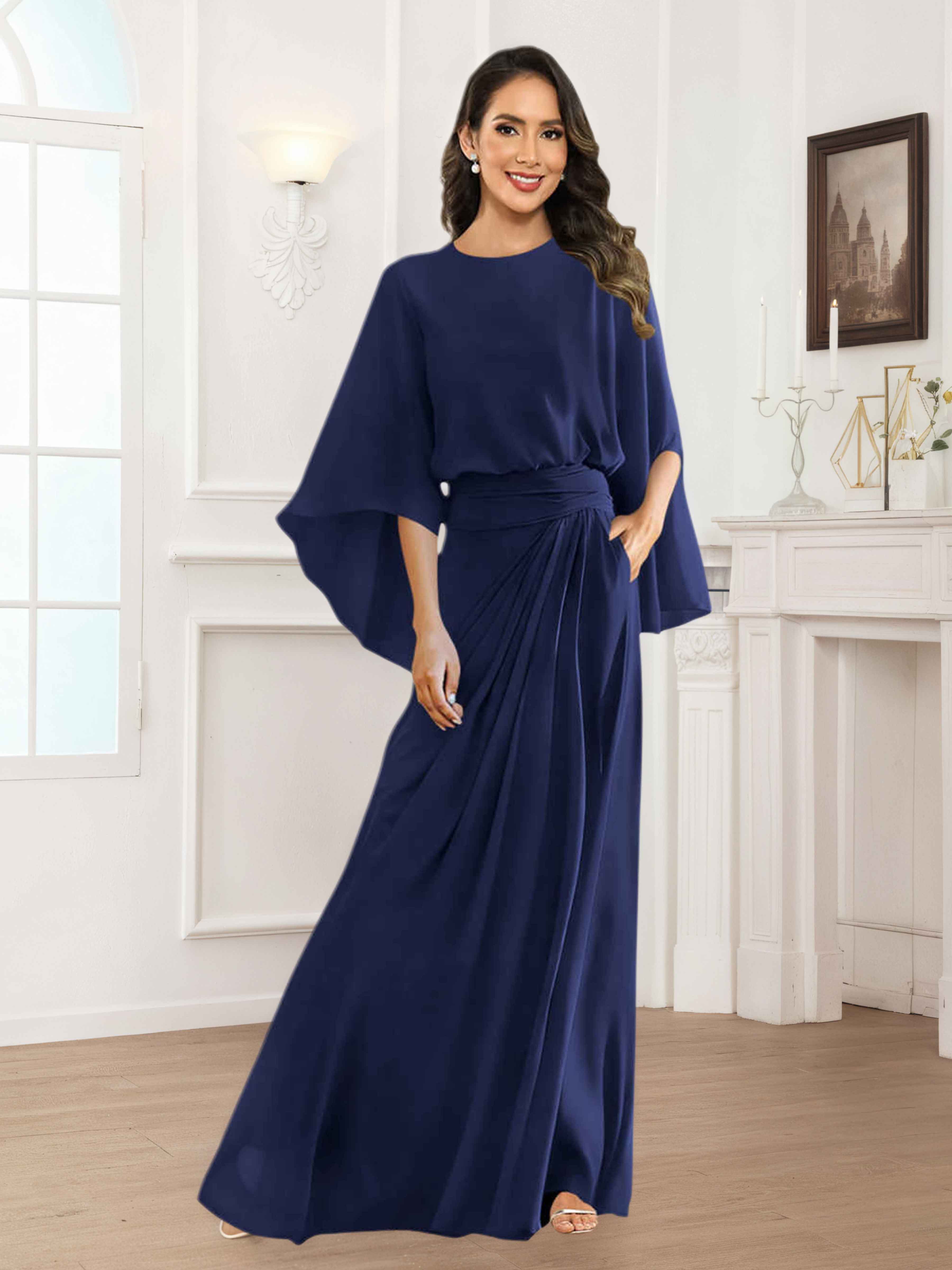 Jorja Modest Scoop Pleated  Floor Length Chiffon Mother of the Bride Dresses