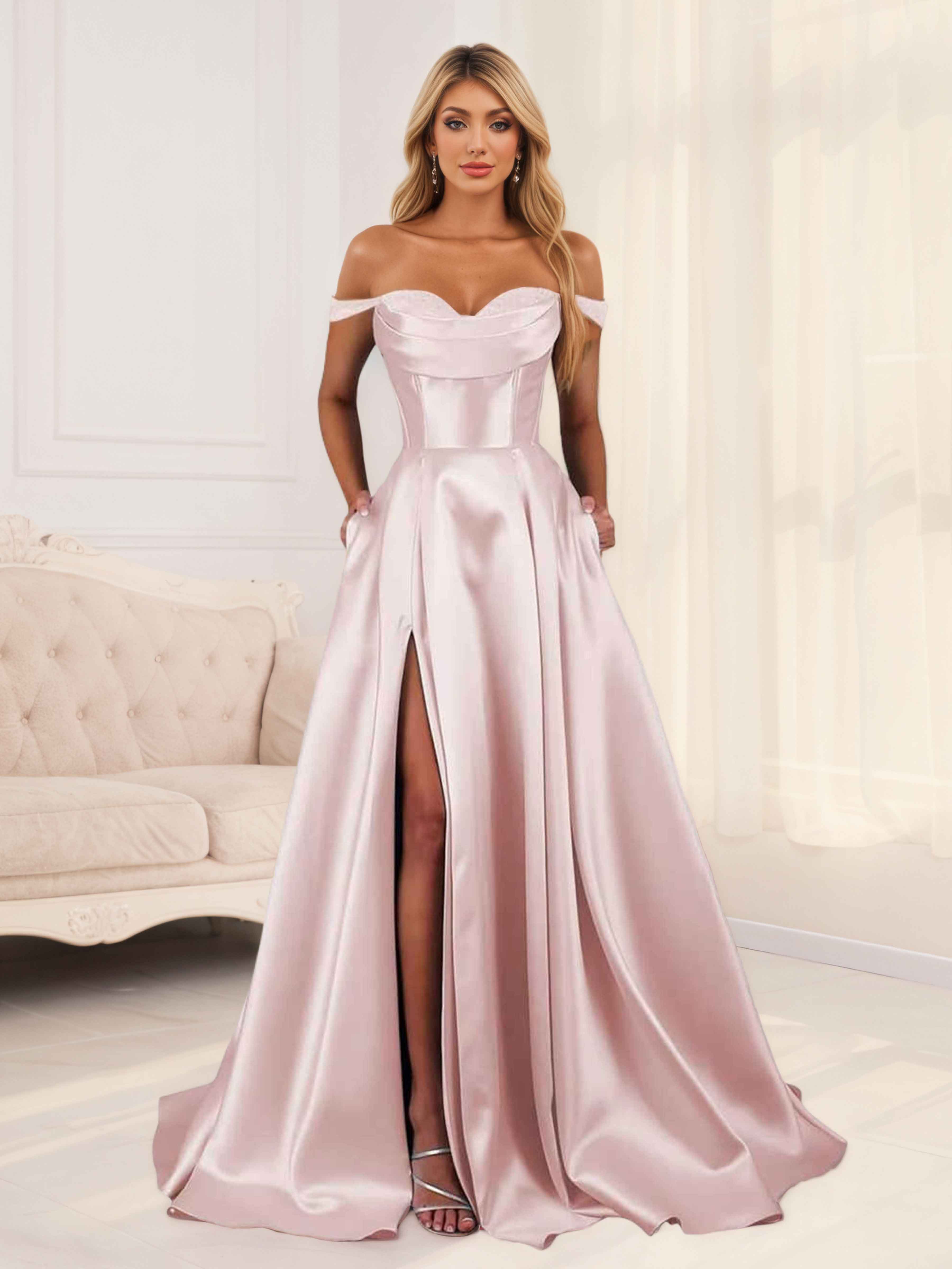 Kaida Gorgeous A-Line Off the Shoulder Ruched Slit Satin Prom Dresses