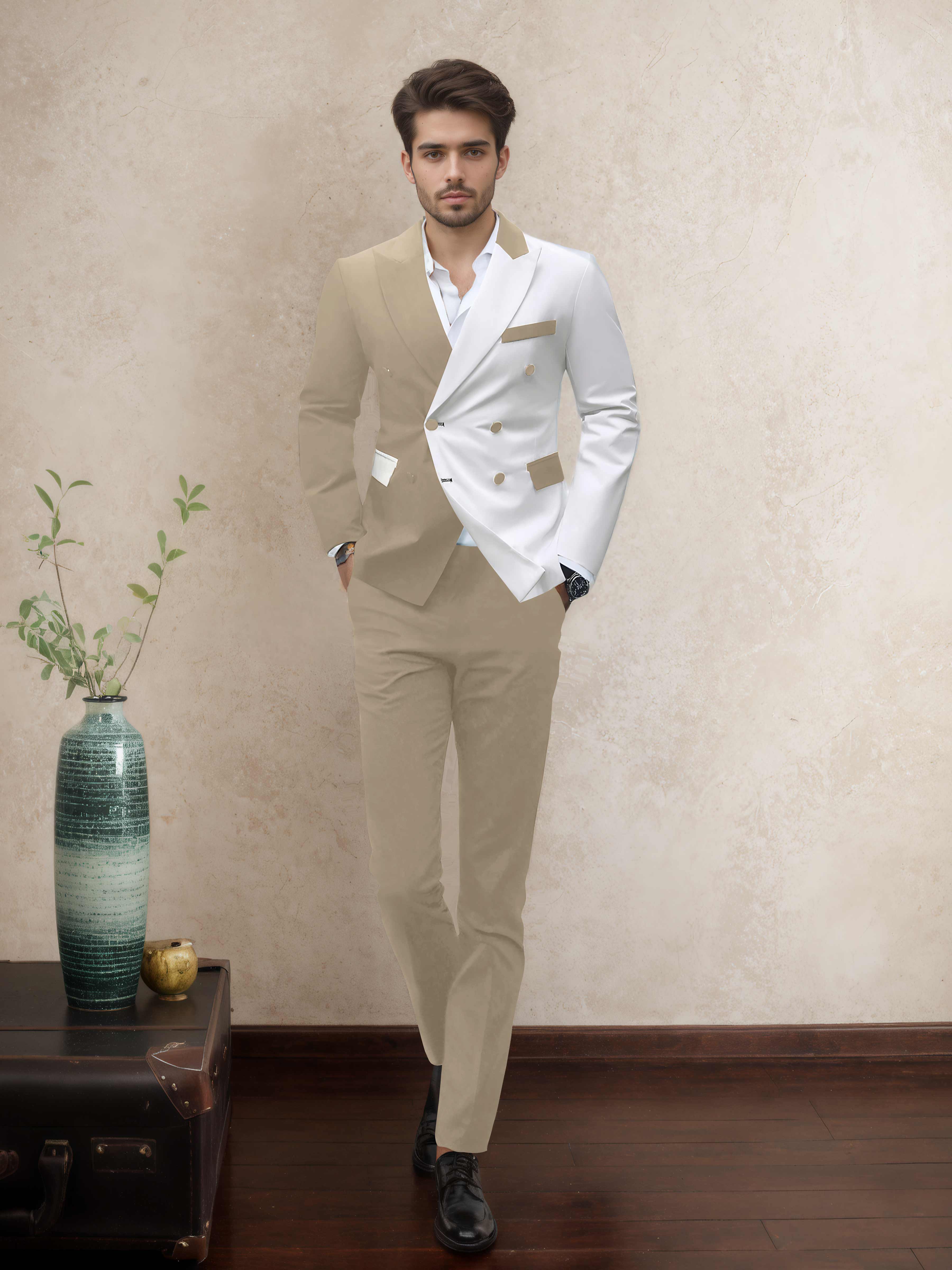 Refined 2 Pieces Men’s Evening Suit Tailored Fit Double Breasted Peak Lapel Contrast