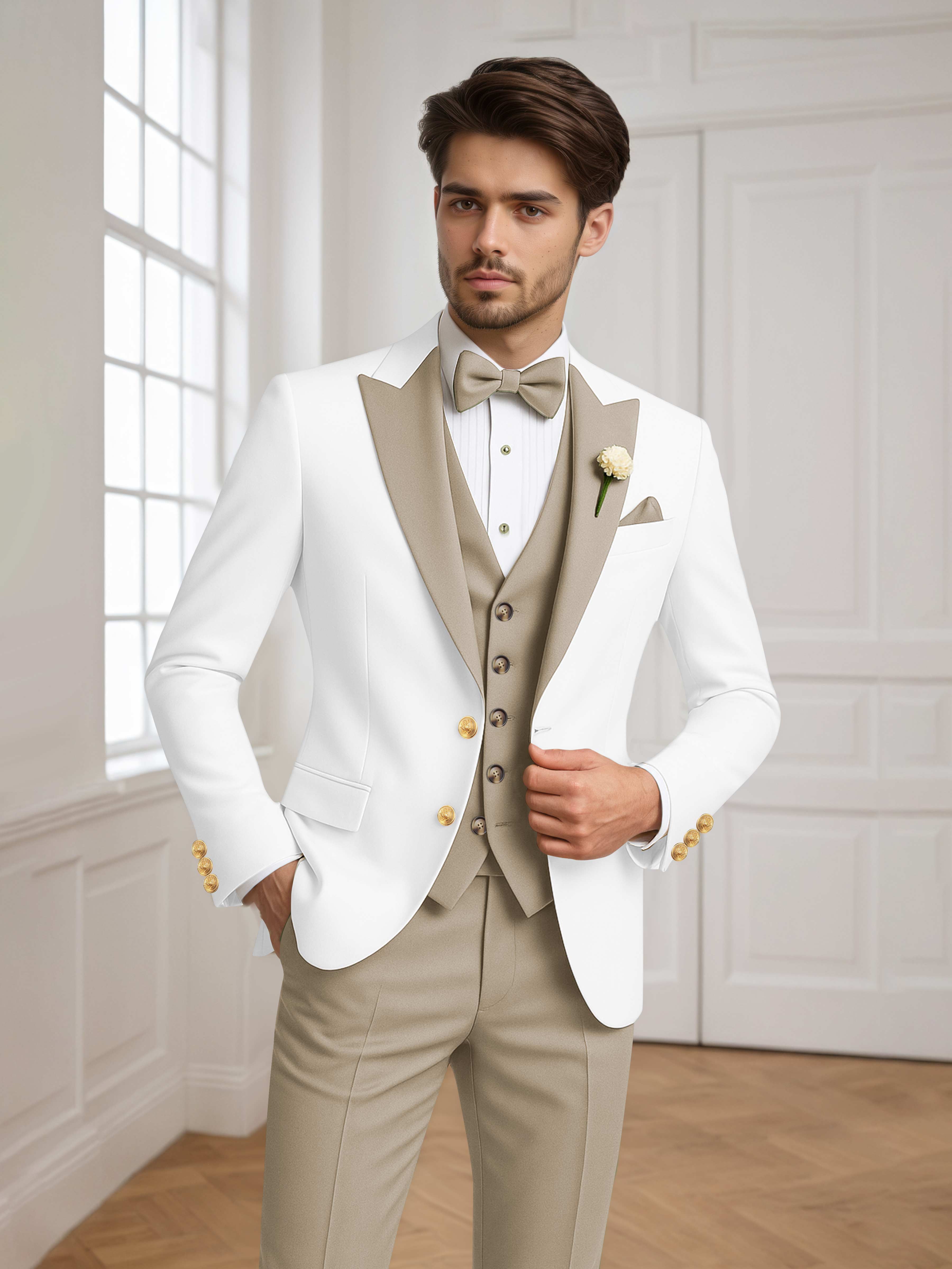 Color Block Peak Lapel Men's 3 Pieces Suit for Groom Wedding & Prom