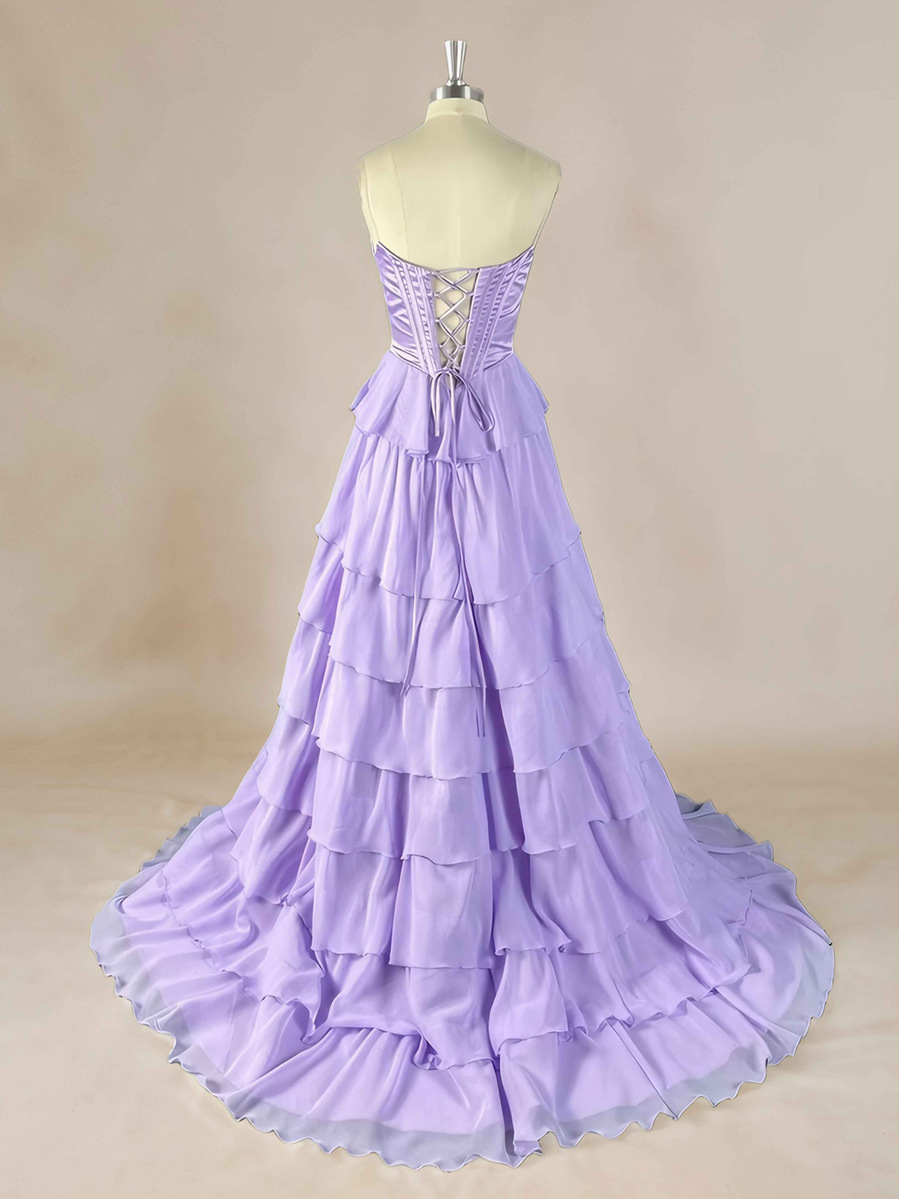 Kori Lilac Strapless Corset Ruffled Long Prom Dresses