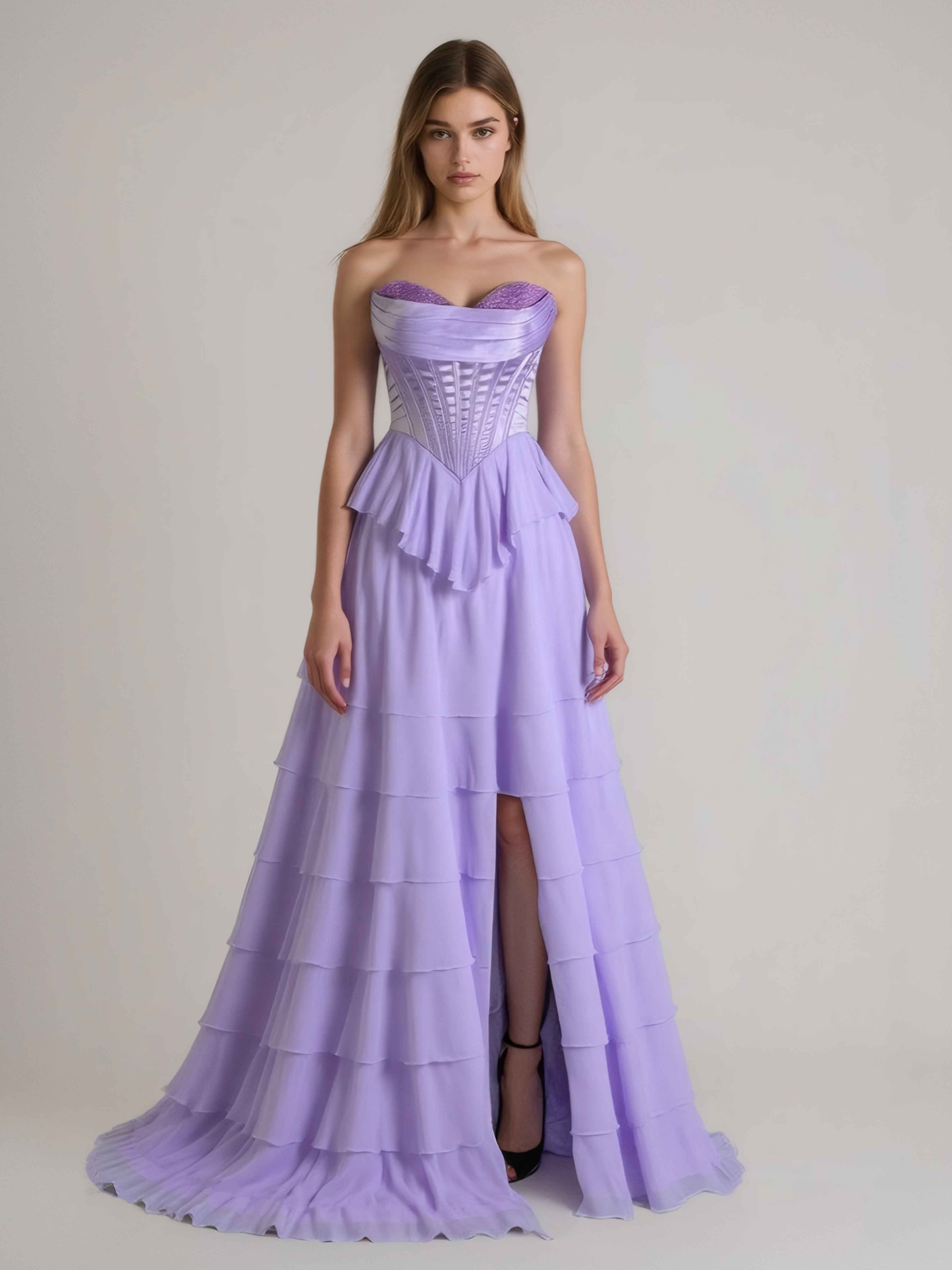 Kori Lilac Strapless Corset Ruffled Long Prom Dresses