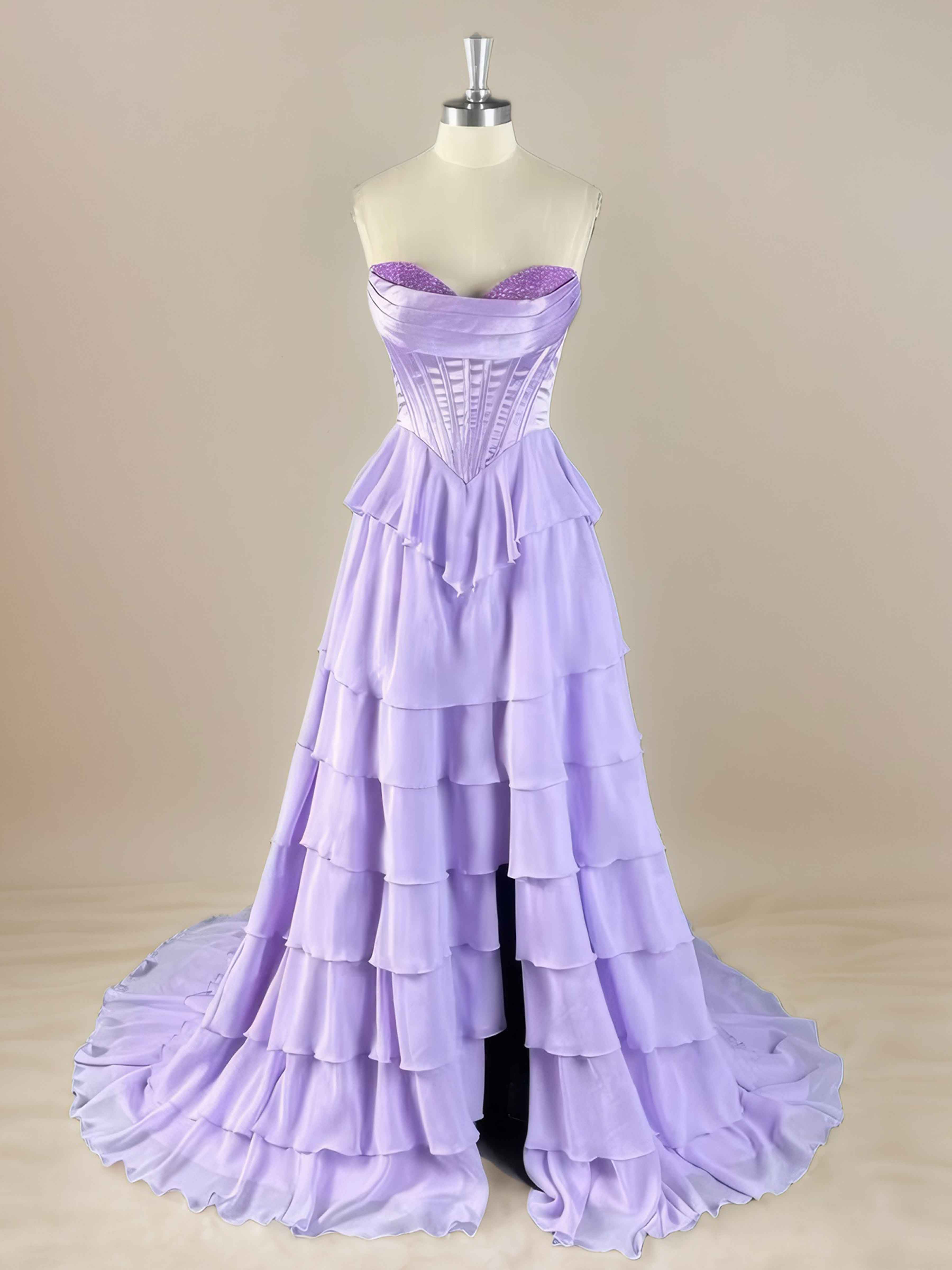 Kori Lilac Strapless Corset Ruffled Long Prom Dresses