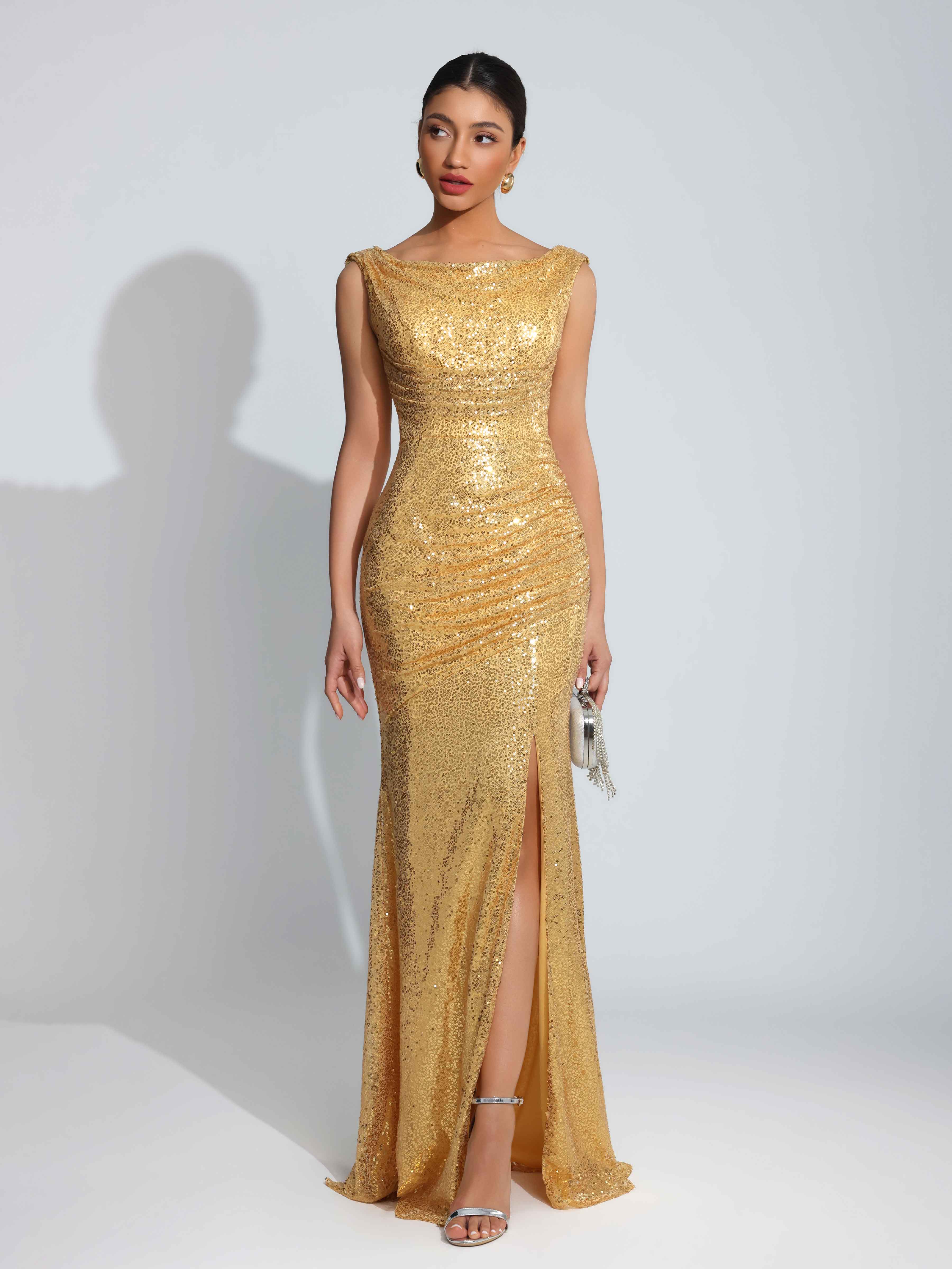 Laelith Glamorous Cowl Ruched Slit Floor Length Sequins Prom Dresses