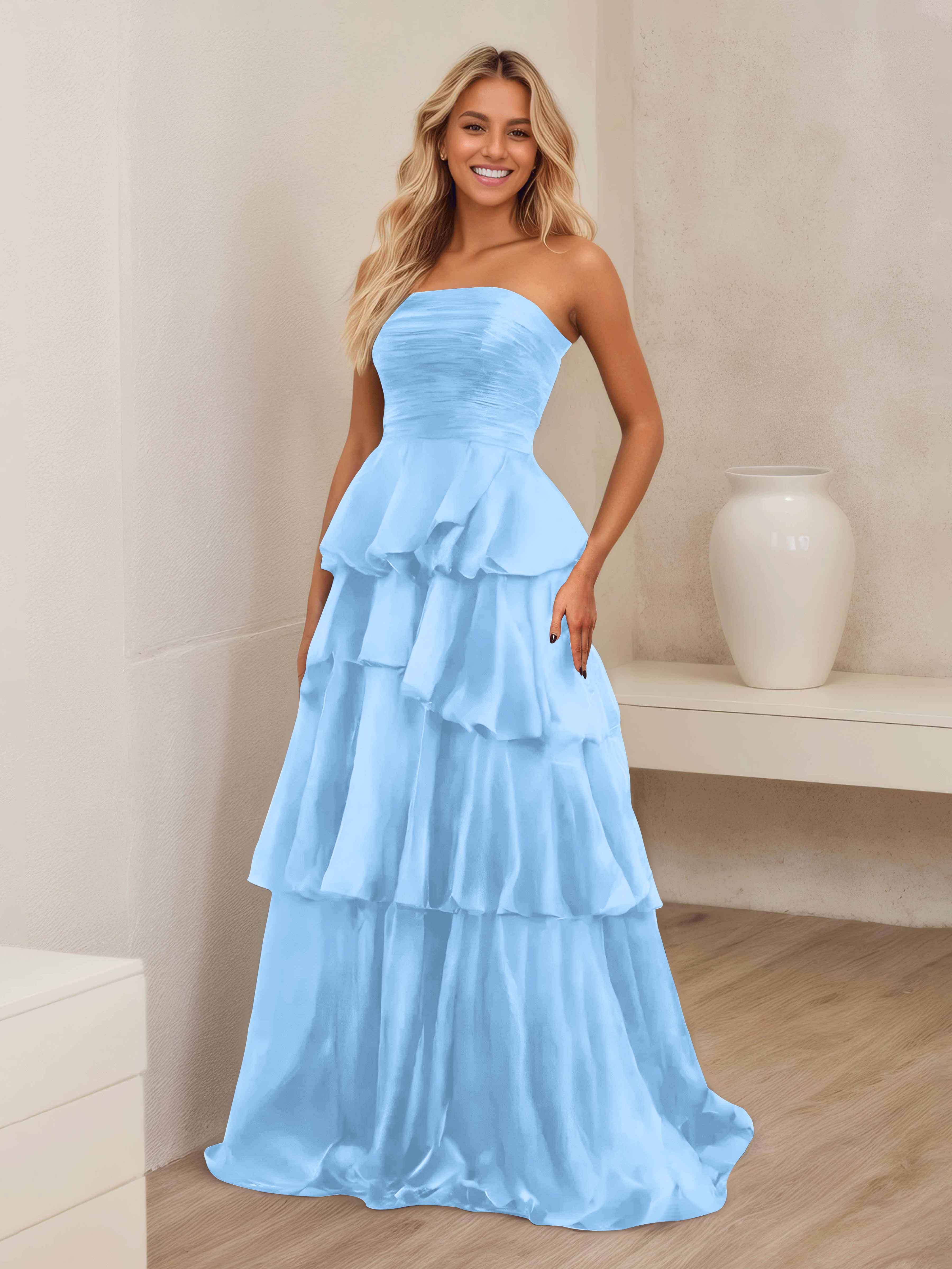 Ellianna Stunning A-Line Strapless Ruched Tiered Floor Length Satin Formal Dresses