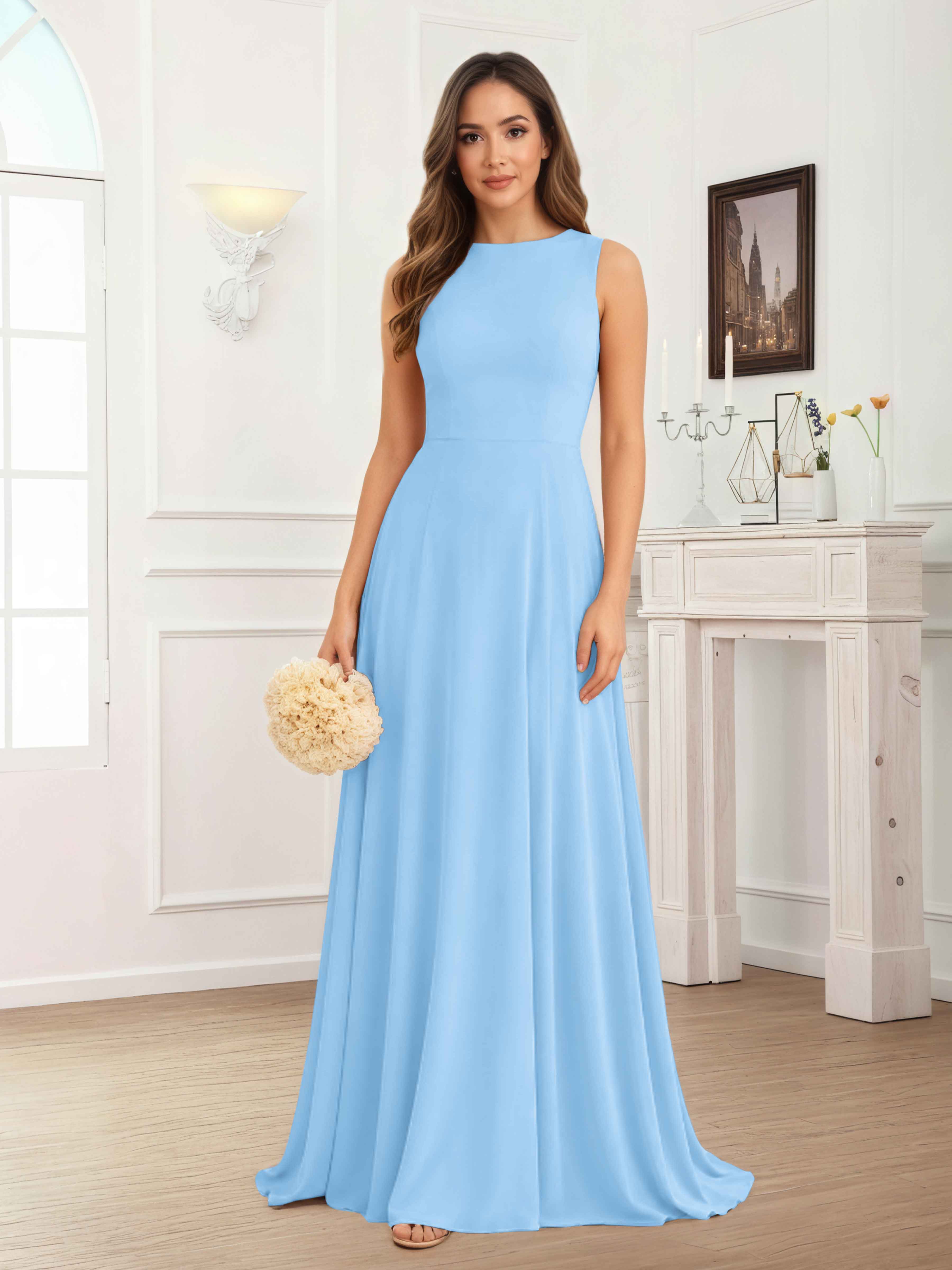 Fraelithra Modest Scoop A-Line Sleeveless Long Bridesmaid Dresses