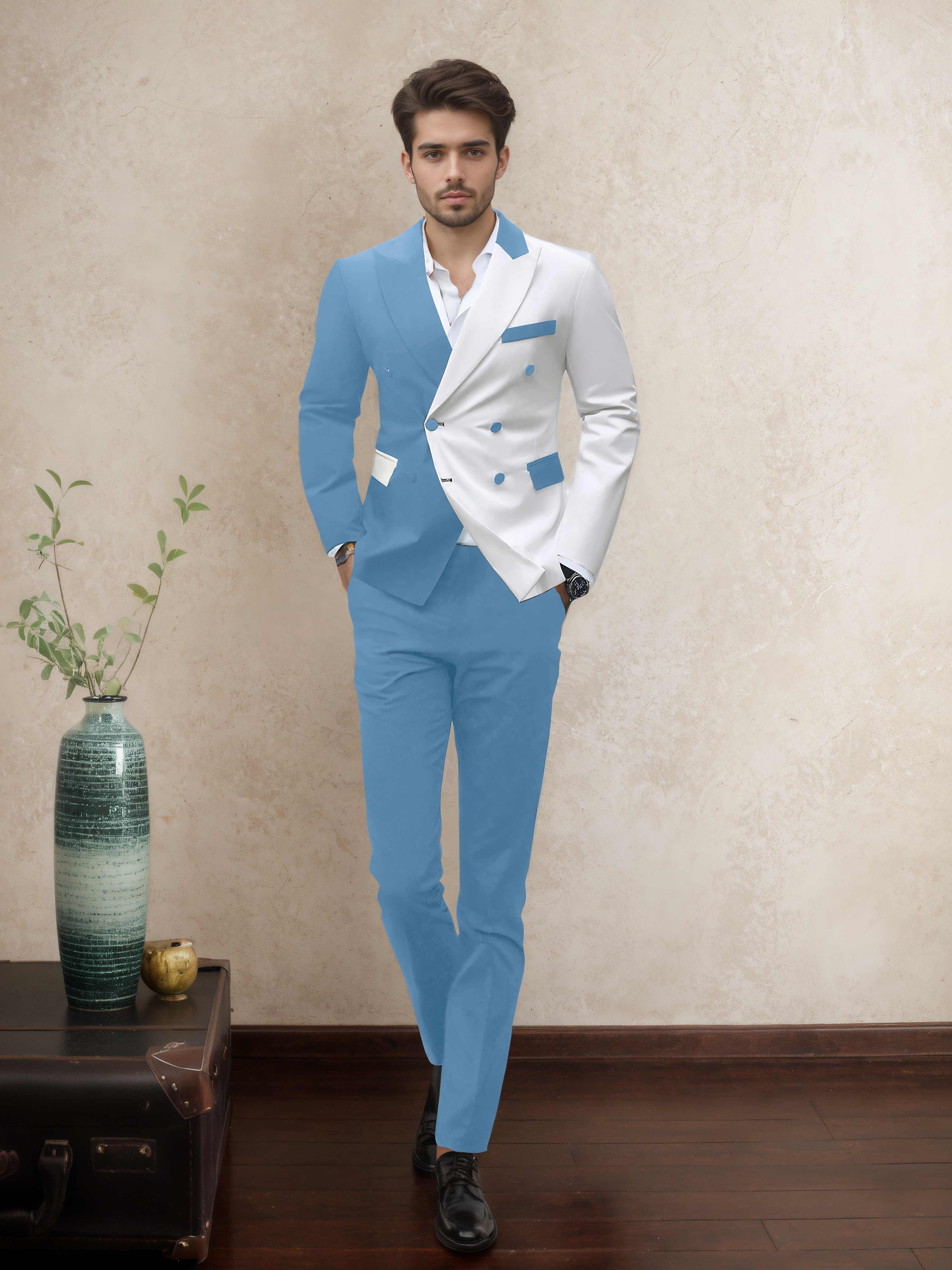 Refined 2 Pieces Men’s Evening Suit Tailored Fit Double Breasted Peak Lapel Contrast