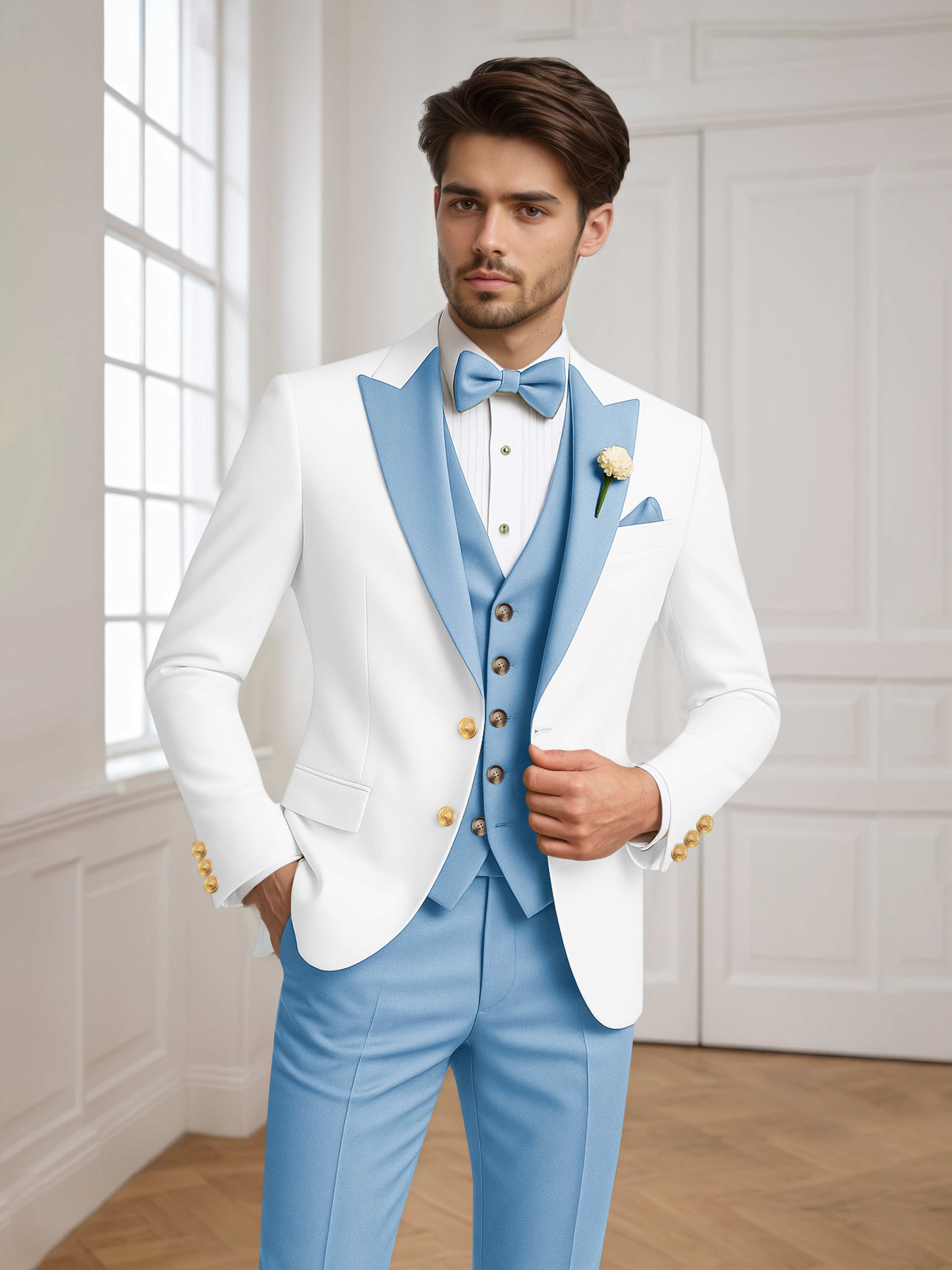 Color Block Peak Lapel Men's 3 Pieces Suit for Groom Wedding & Prom