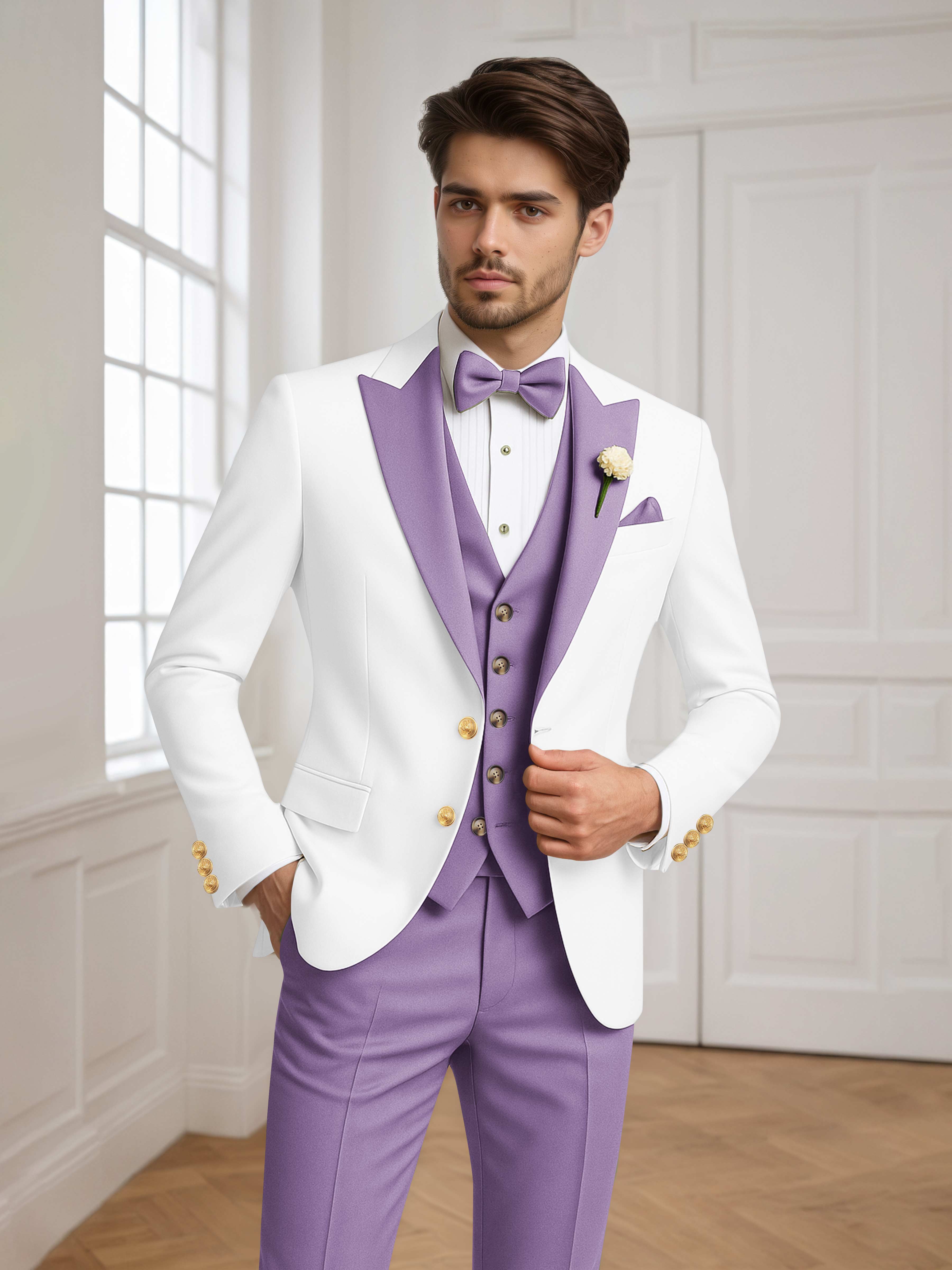 Color Block Peak Lapel Men's 3 Pieces Suit for Groom Wedding & Prom