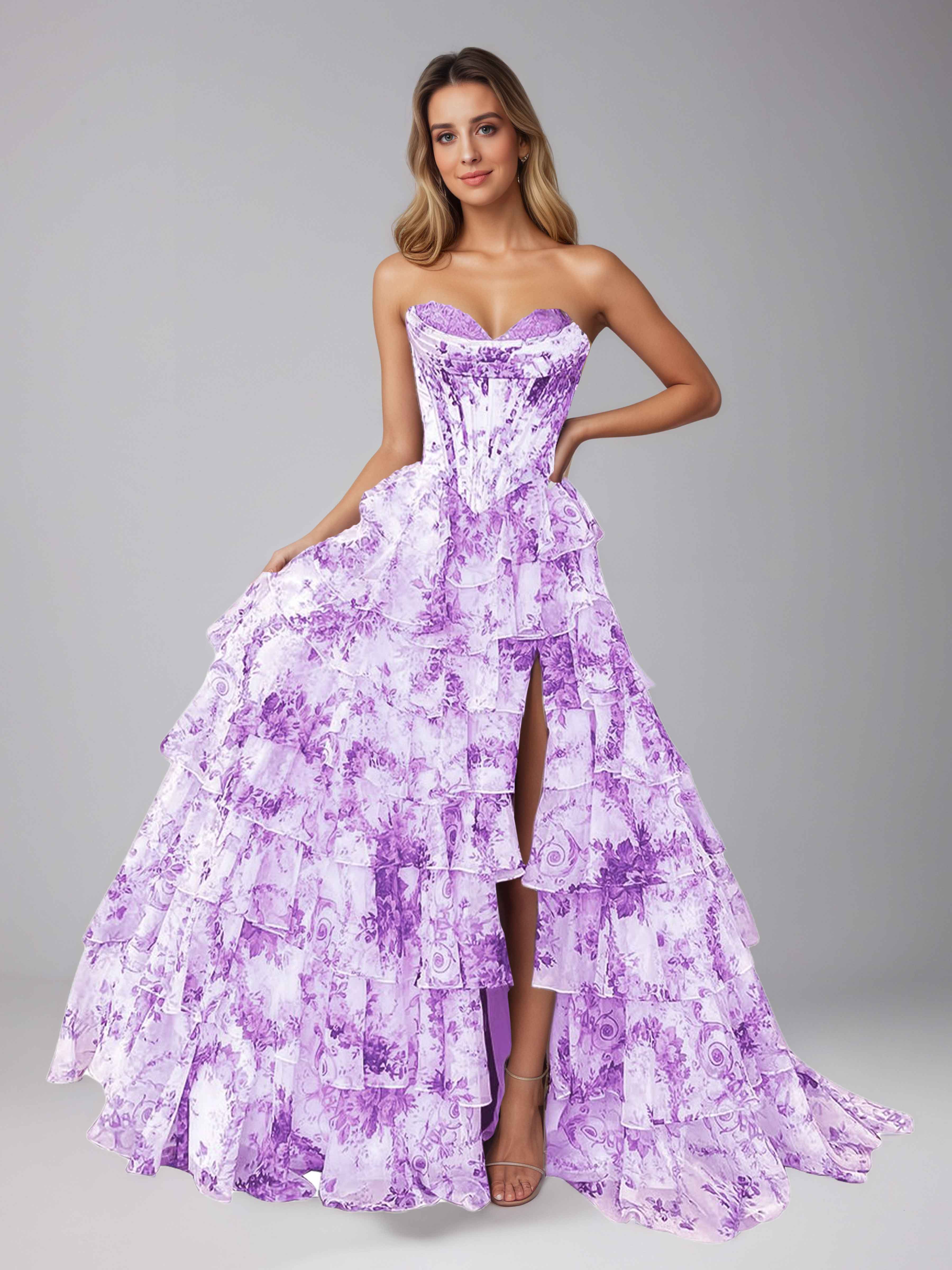 Graelara Glamorous Sweetheart Cascading Ruffles Corset Floral Tiered Prom Dresses