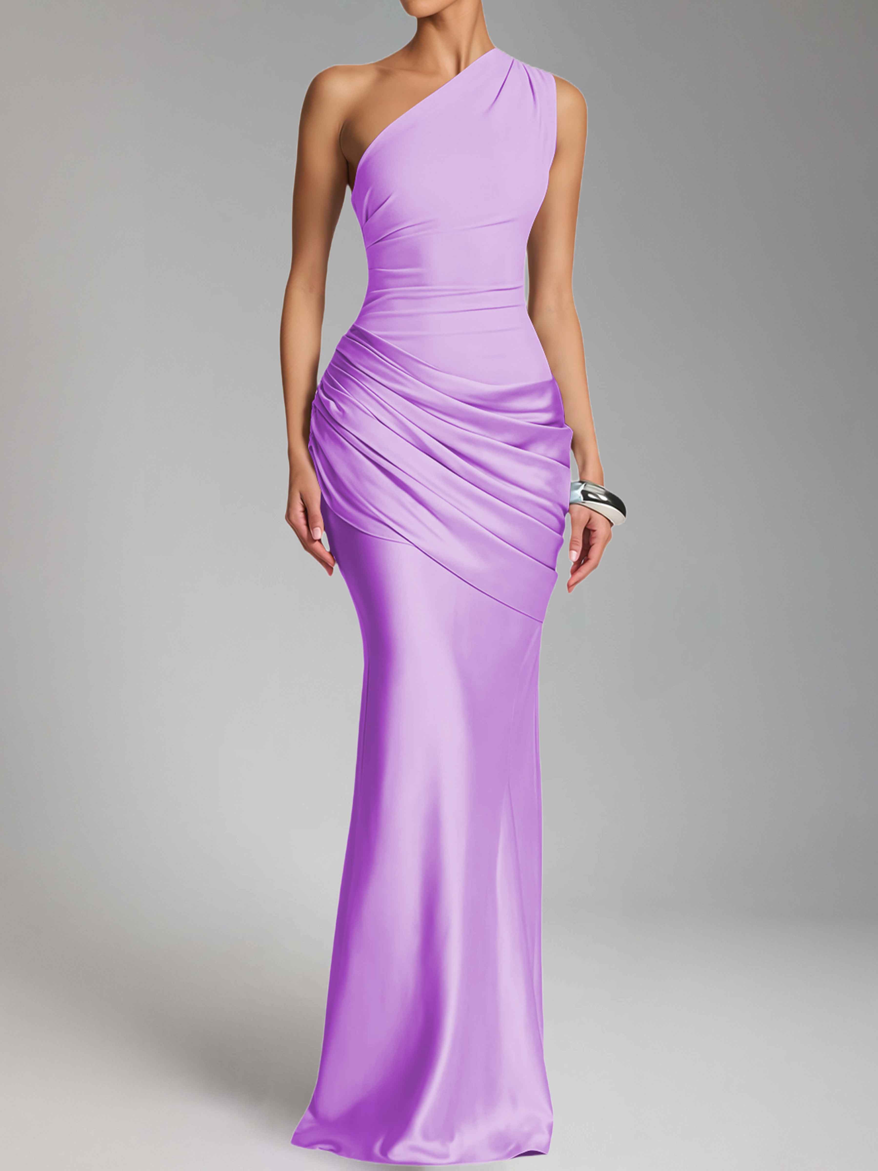 Jaelithra Gorgeous One Shoulder Pleated Satin Long Prom Dresses