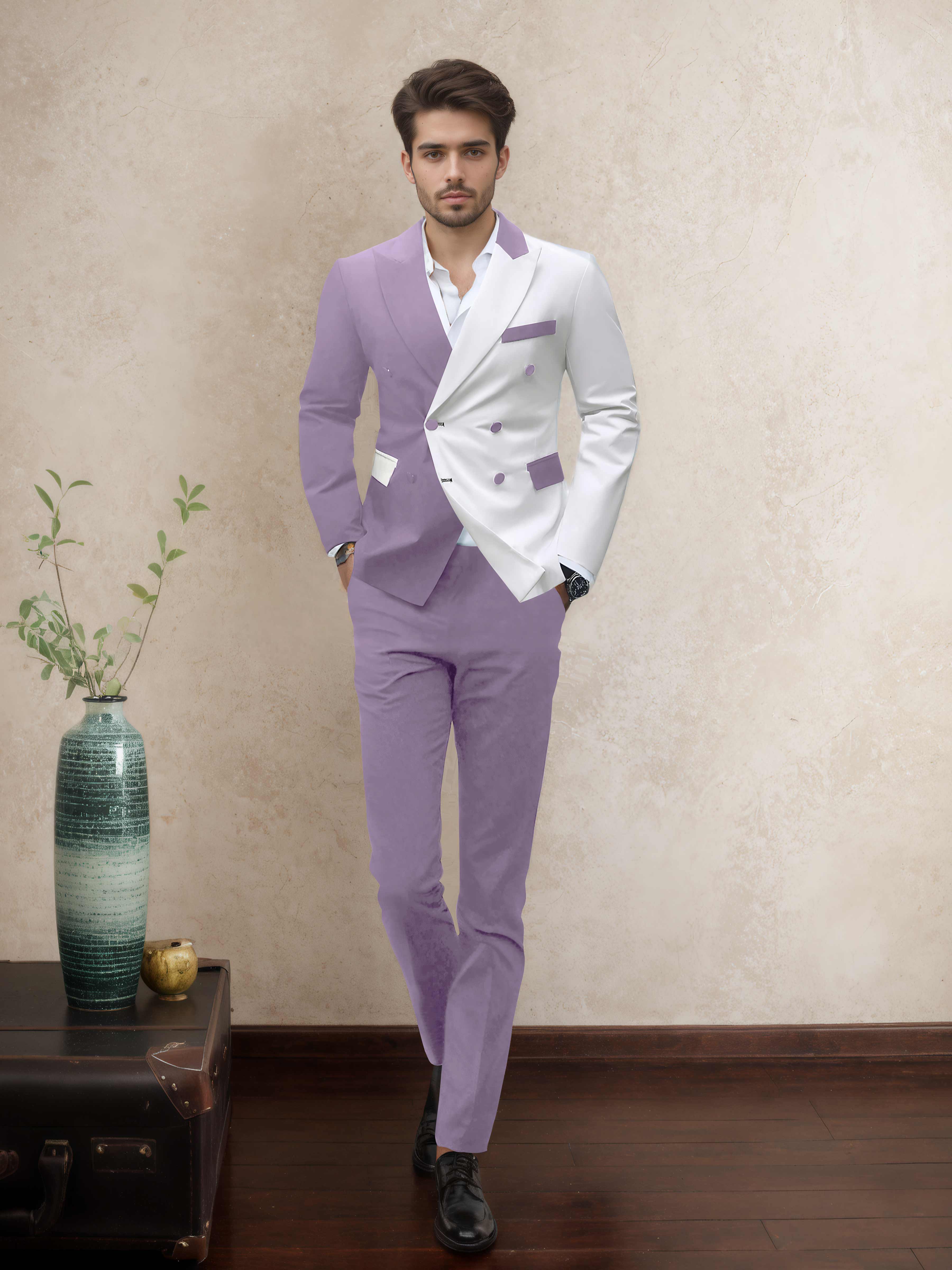 Refined 2 Pieces Men’s Evening Suit Tailored Fit Double Breasted Peak Lapel Contrast