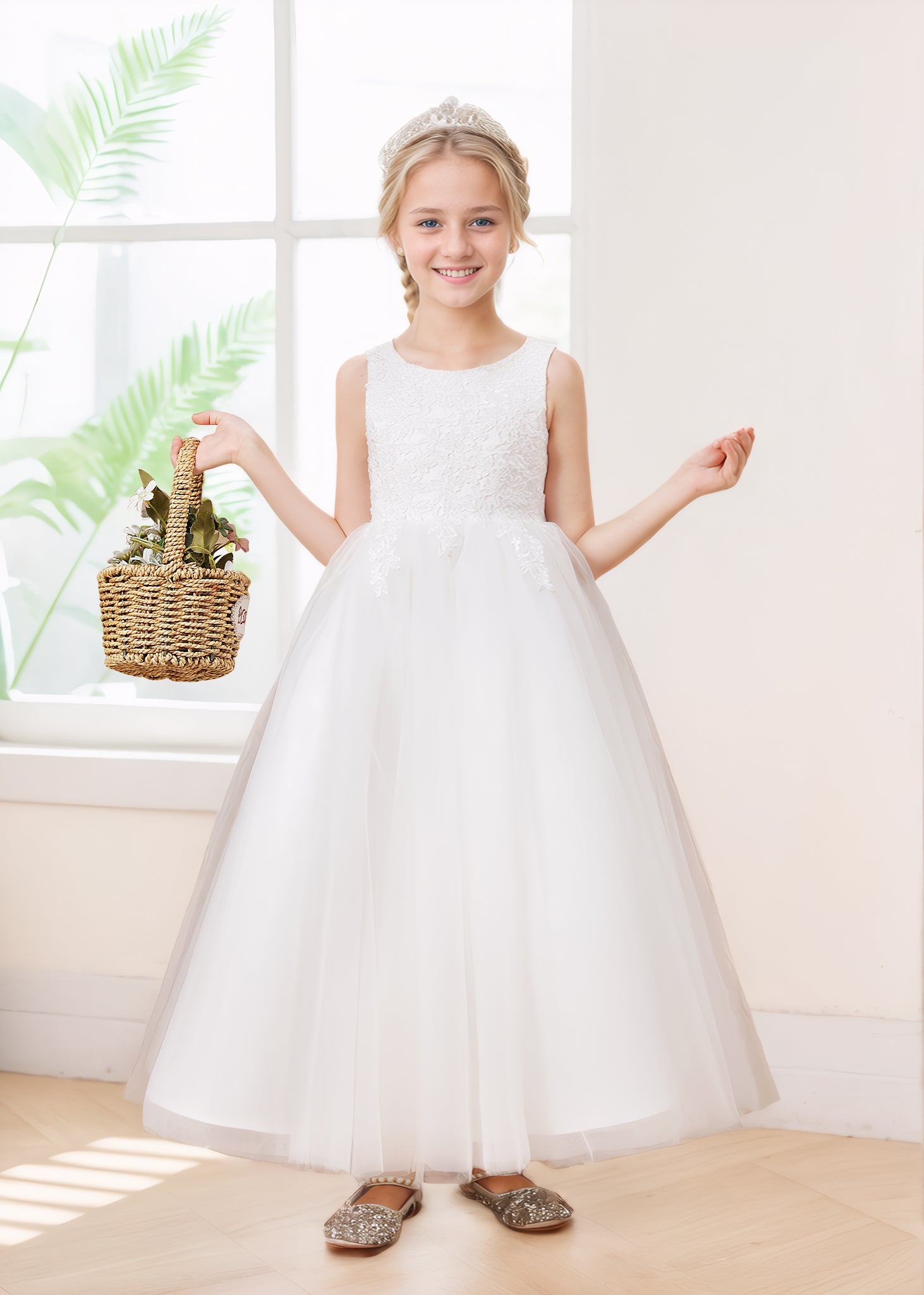 Lovely A-Line Scoop Bow Back Appliques Tulle Flower Girl Dresses