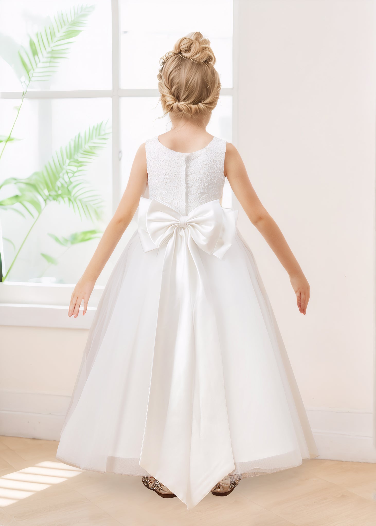 Lovely A-Line Scoop Bow Back Appliques Tulle Flower Girl Dresses