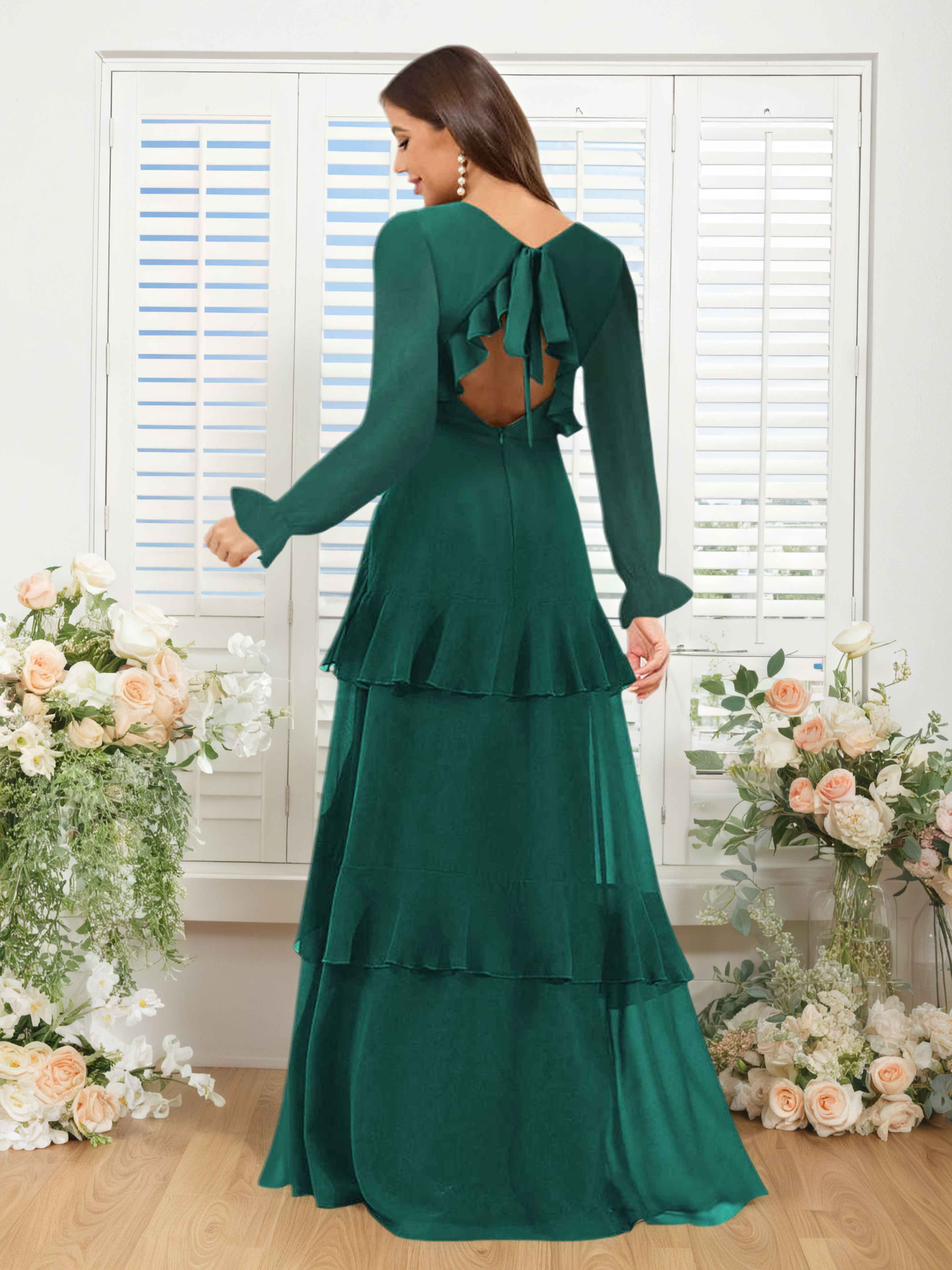 Lysara Elegant V Neck Ruffles Long Sleeves Floor Length Chiffon Bridesmaid Dresses