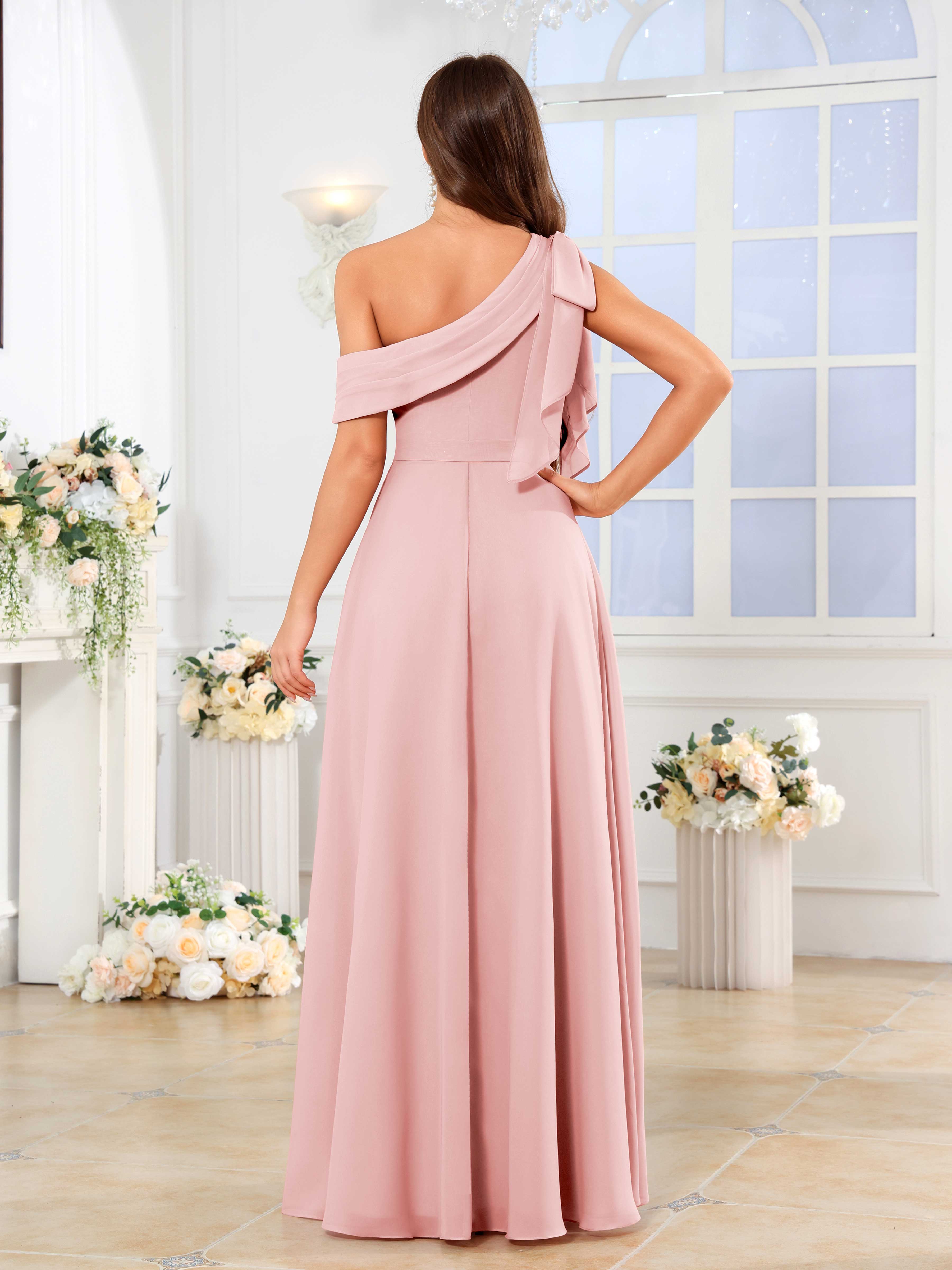 Lysvanna Chic One Shoulder Slit Floor Length Chiffon Bridesmaid Dresses, Blushing Pink