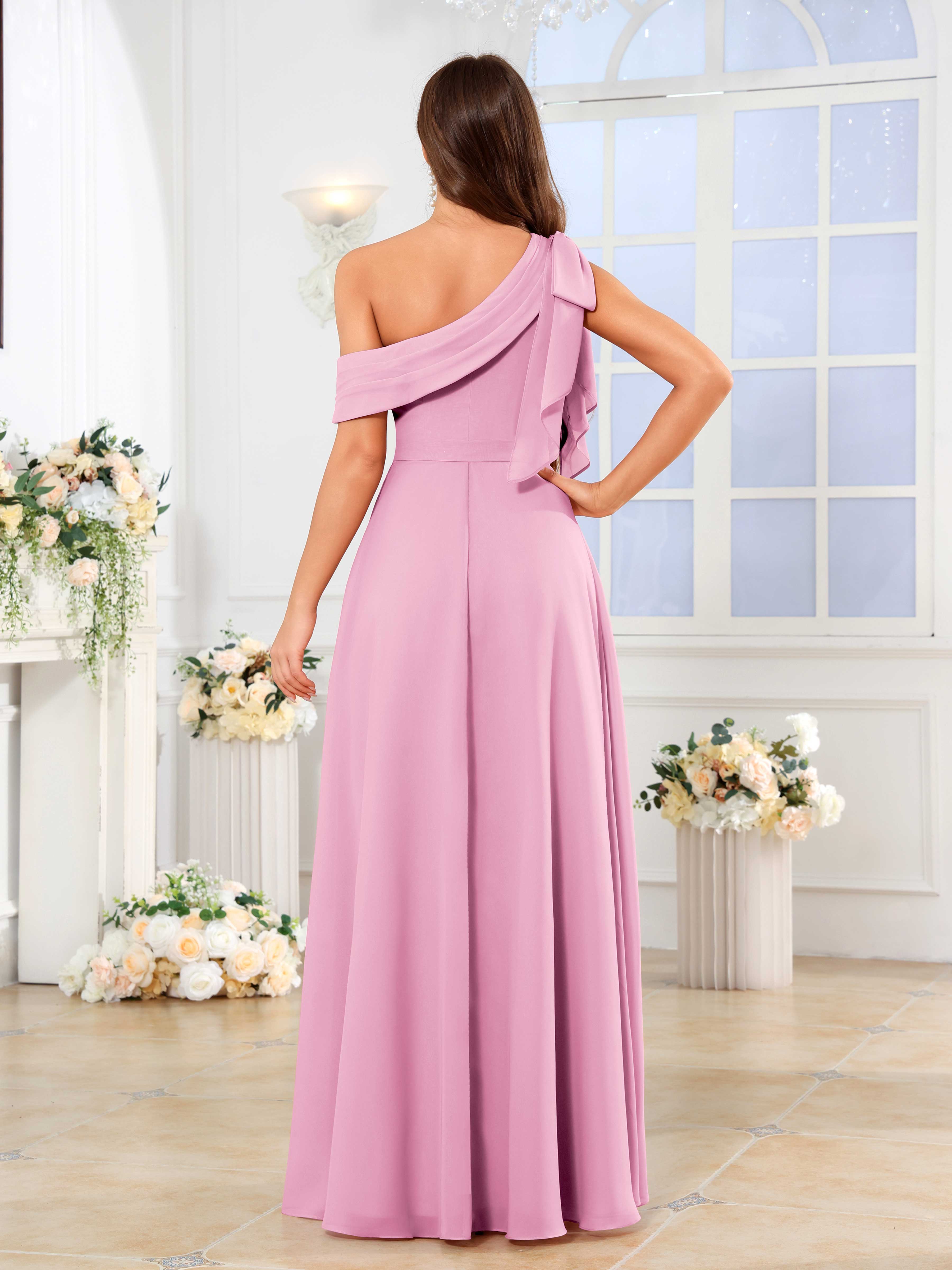 Lysvanna Chic One Shoulder Slit Floor Length Chiffon Bridesmaid Dresses, Candy Pink Lysvanna Chic One Shoulder Slit Floor Length Chiffon Bridesmaid Dresses, Candy Pink