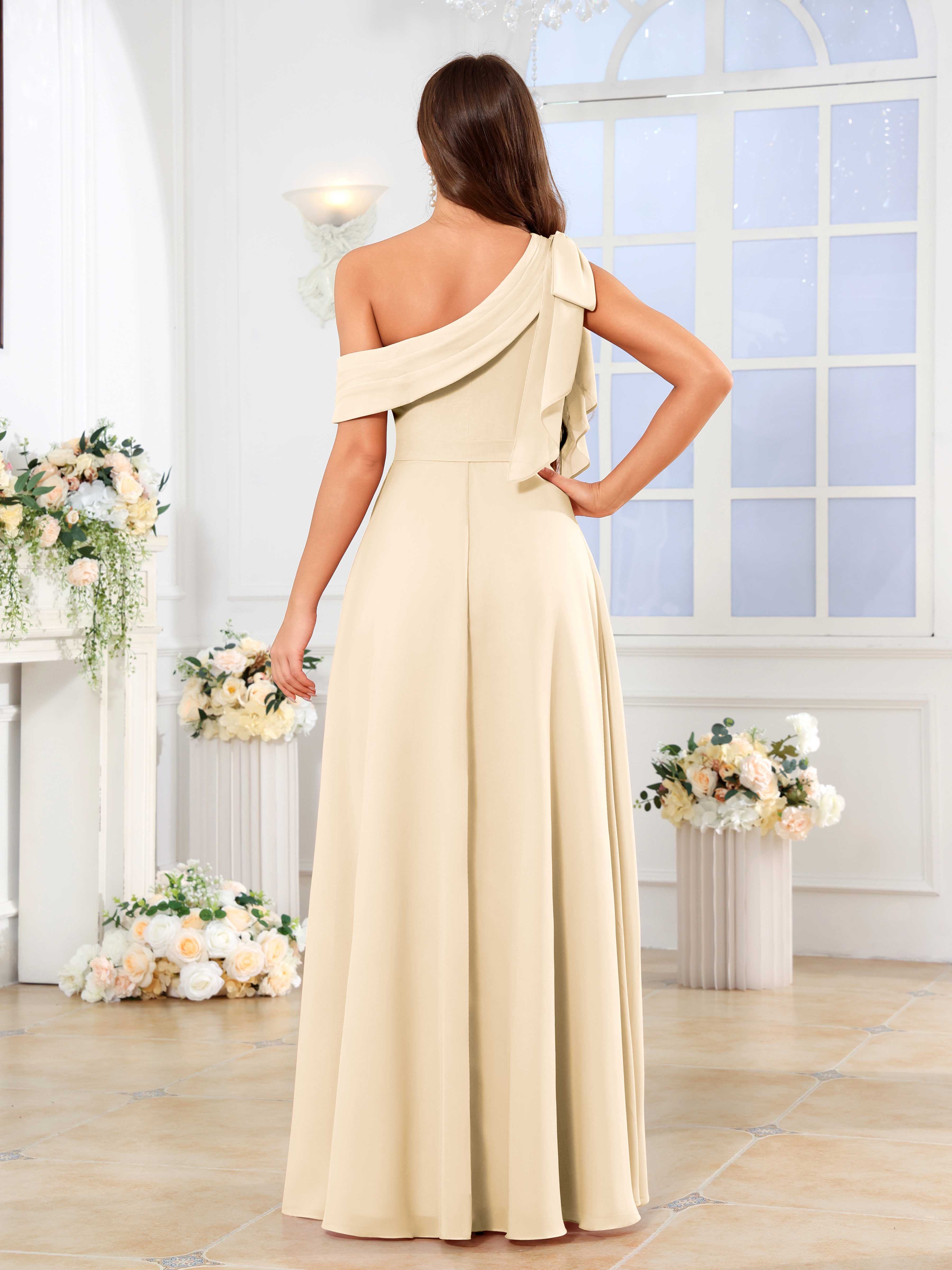 Lysvanna Chic One Shoulder Slit Floor Length Chiffon Bridesmaid Dresses, Champagne Lysvanna Chic One Shoulder Slit Floor Length Chiffon Bridesmaid Dresses, Champagne