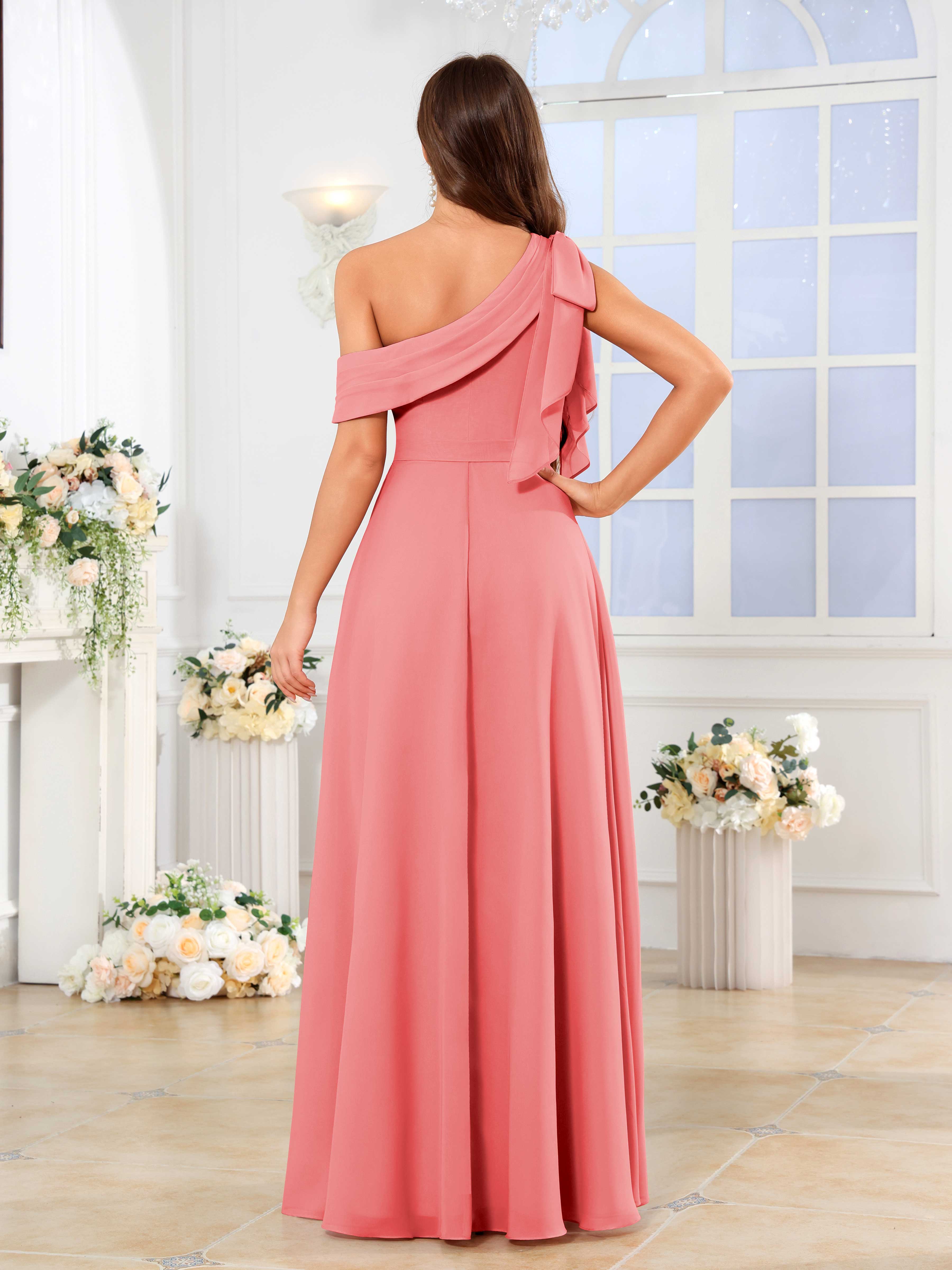 Lysvanna Chic One Shoulder Slit Floor Length Chiffon Bridesmaid Dresses, Coral Lysvanna Chic One Shoulder Slit Floor Length Chiffon Bridesmaid Dresses, Coral