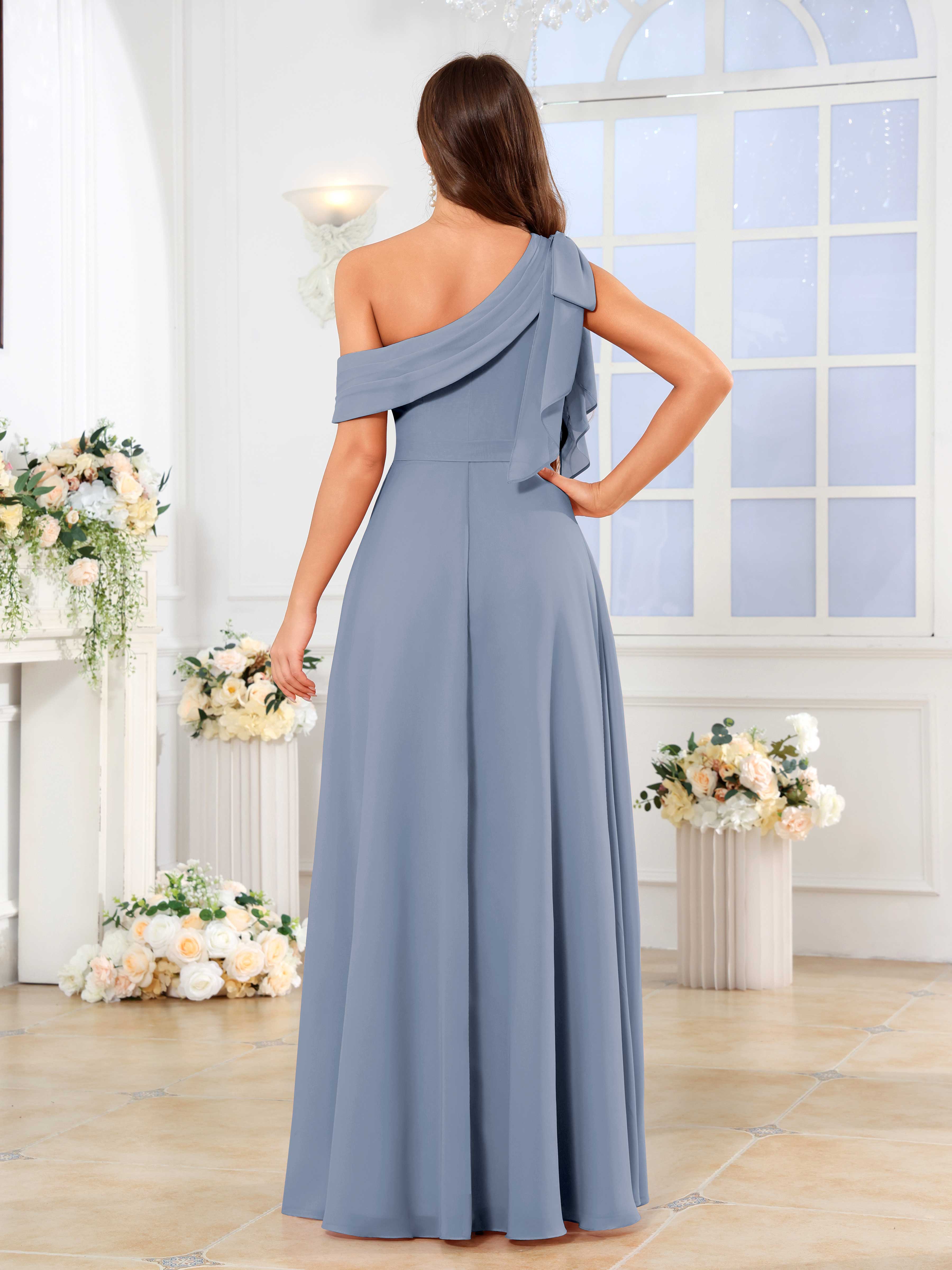 Lysvanna Chic One Shoulder Slit Floor Length Chiffon Bridesmaid Dresses, Dusty Blue
