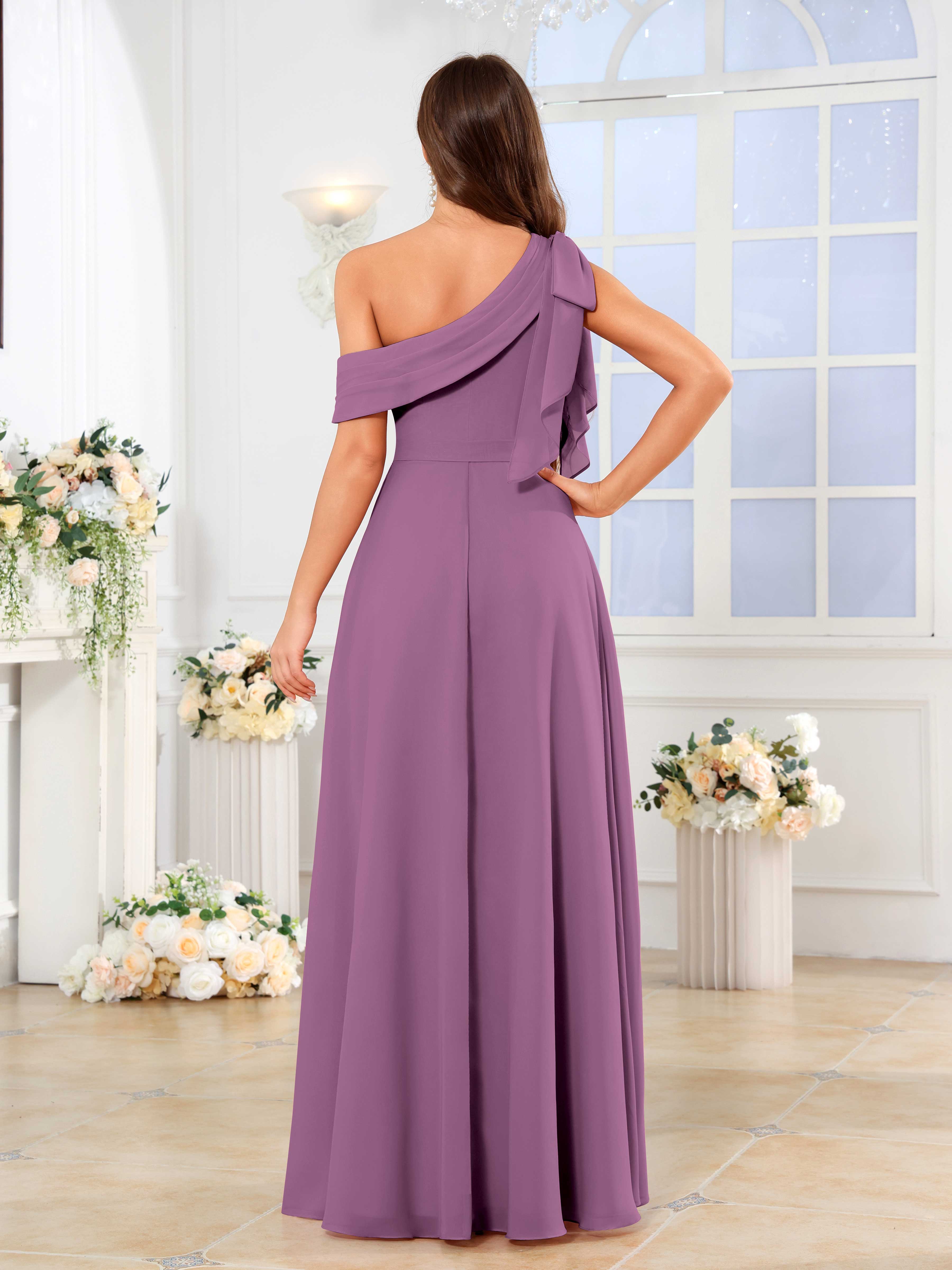 Lysvanna Chic One Shoulder Slit Floor Length Chiffon Bridesmaid Dresses, Dusty Purple