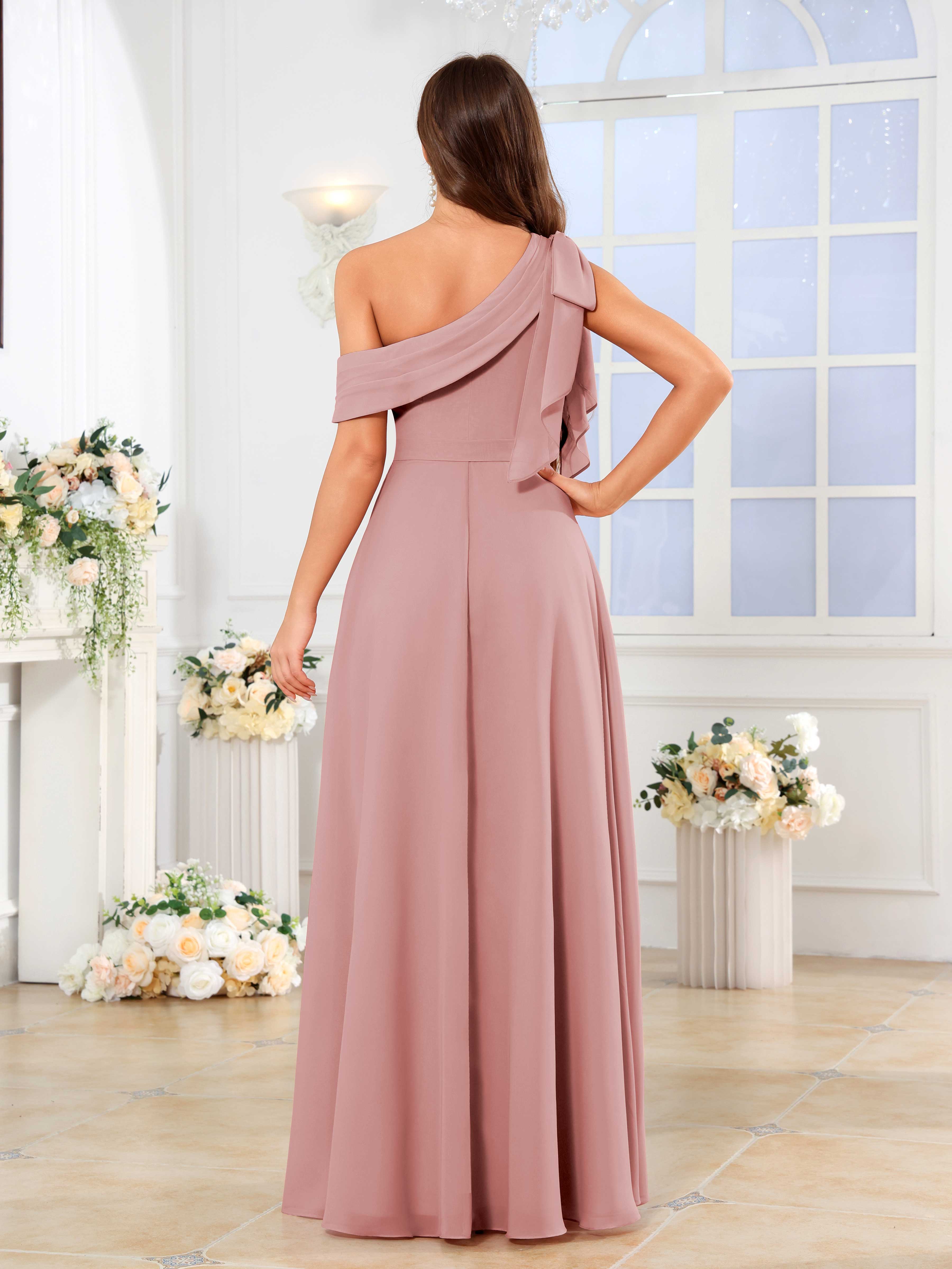 Lysvanna Chic One Shoulder Slit Floor Length Chiffon Bridesmaid Dresses, Dusty Rose Lysvanna Chic One Shoulder Slit Floor Length Chiffon Bridesmaid Dresses, Dusty Rose